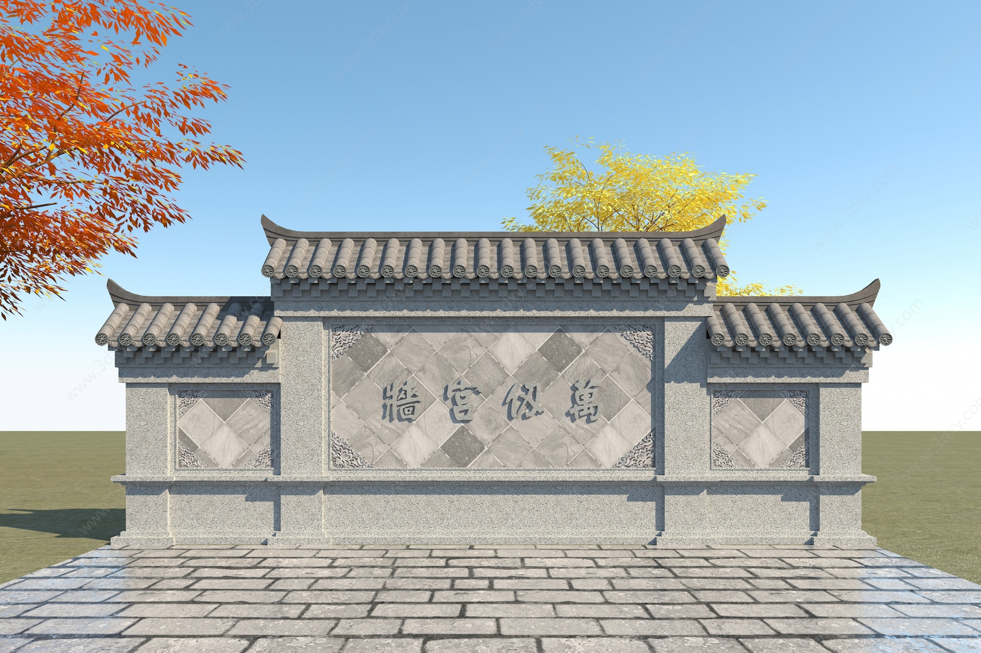 中式照壁墙3D模型