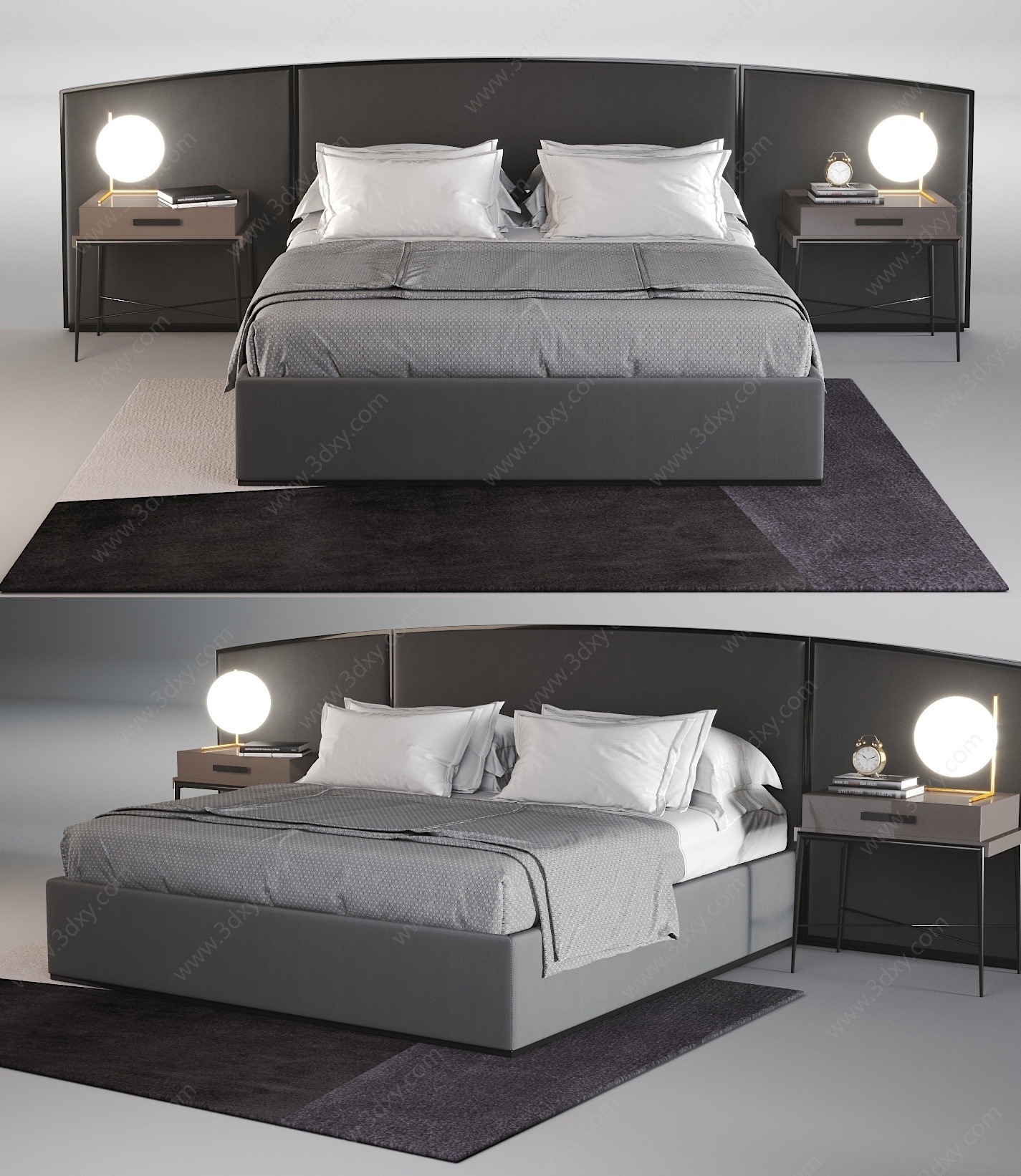 现代双人床床头柜组合3D模型