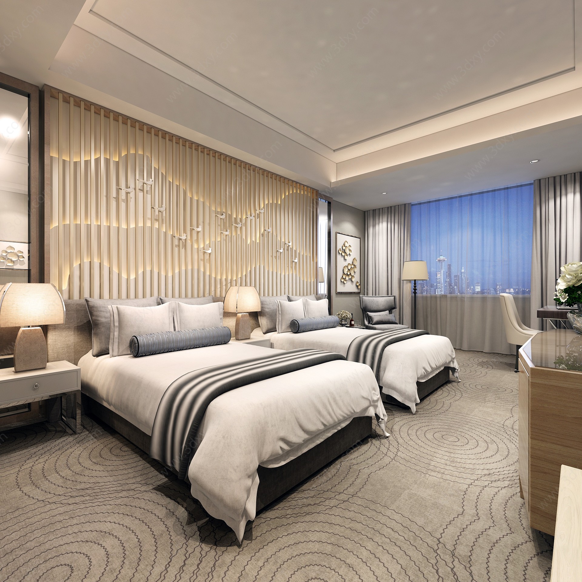 新中式酒店客房双人间3D模型