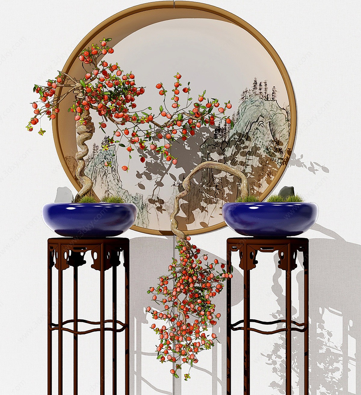 中式植物盆景花盆花架3D模型