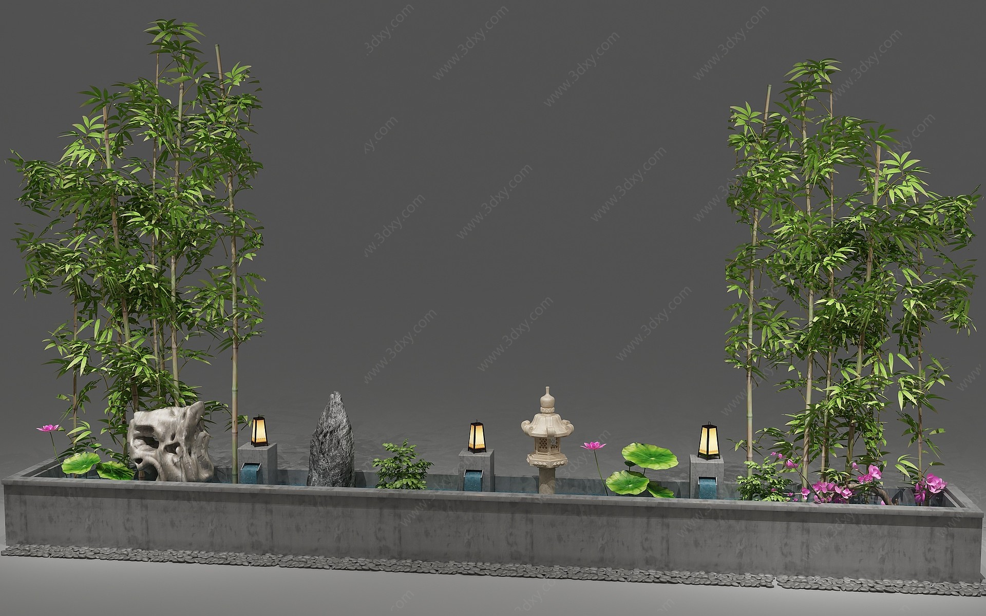 中式植物小品假山喷泉3D模型