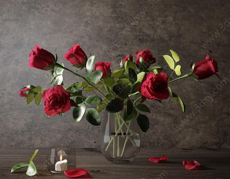 现代玫瑰花玻璃花瓶3D模型