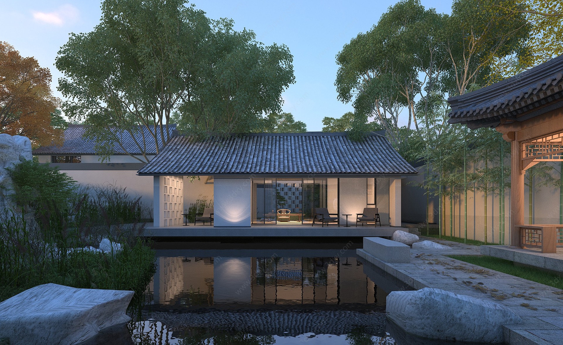 新中式水景别墅3D模型
