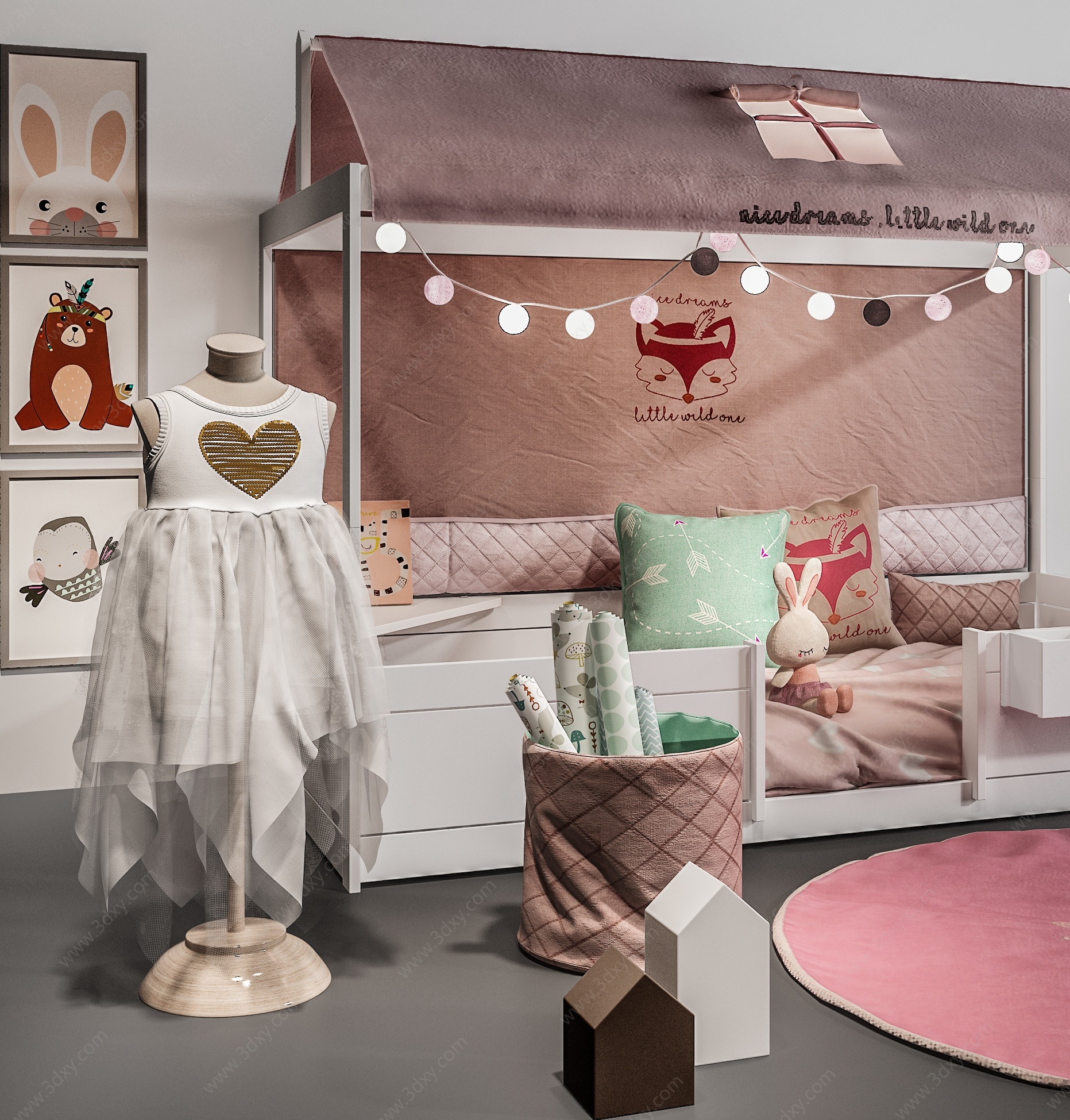 现代儿童床女儿床玩具组合3D模型