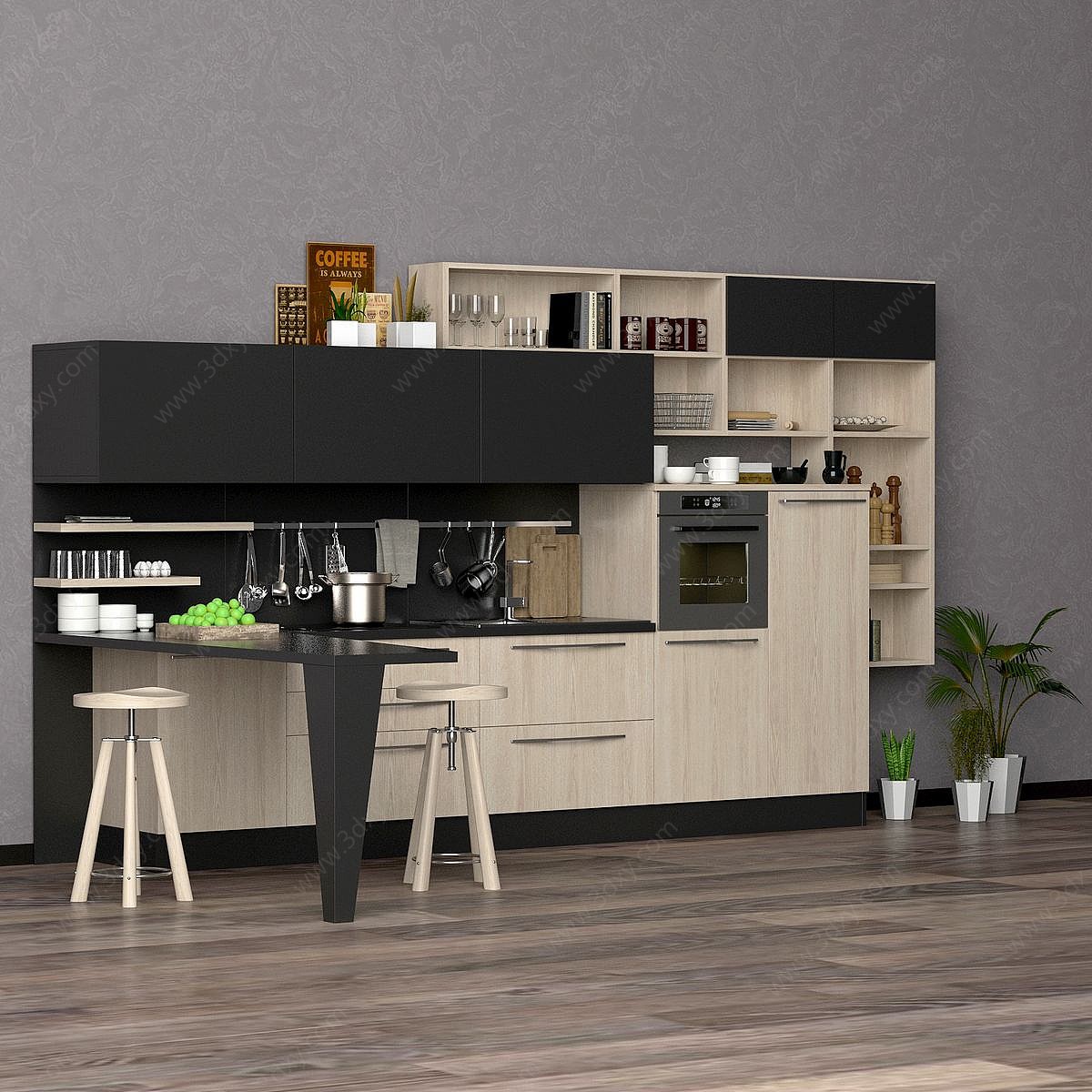 现代厨房橱柜厨具吧台组合3D模型