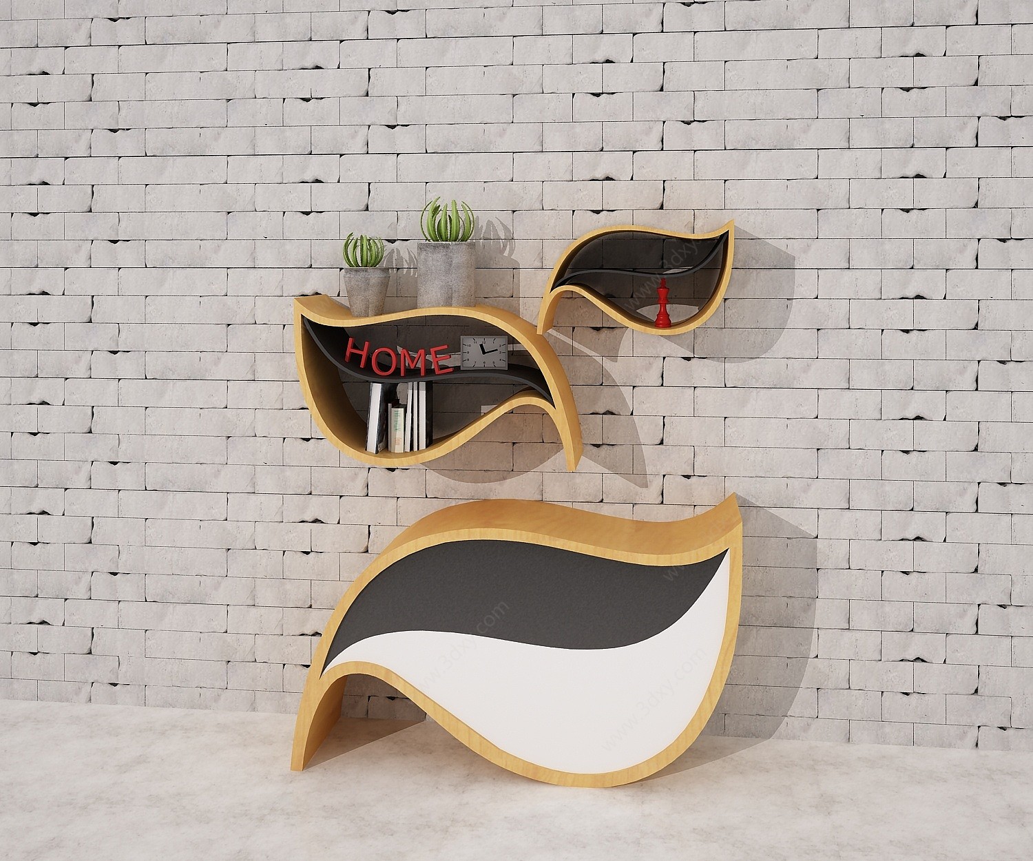 现代柜子叶子书盆栽砖墙3D模型