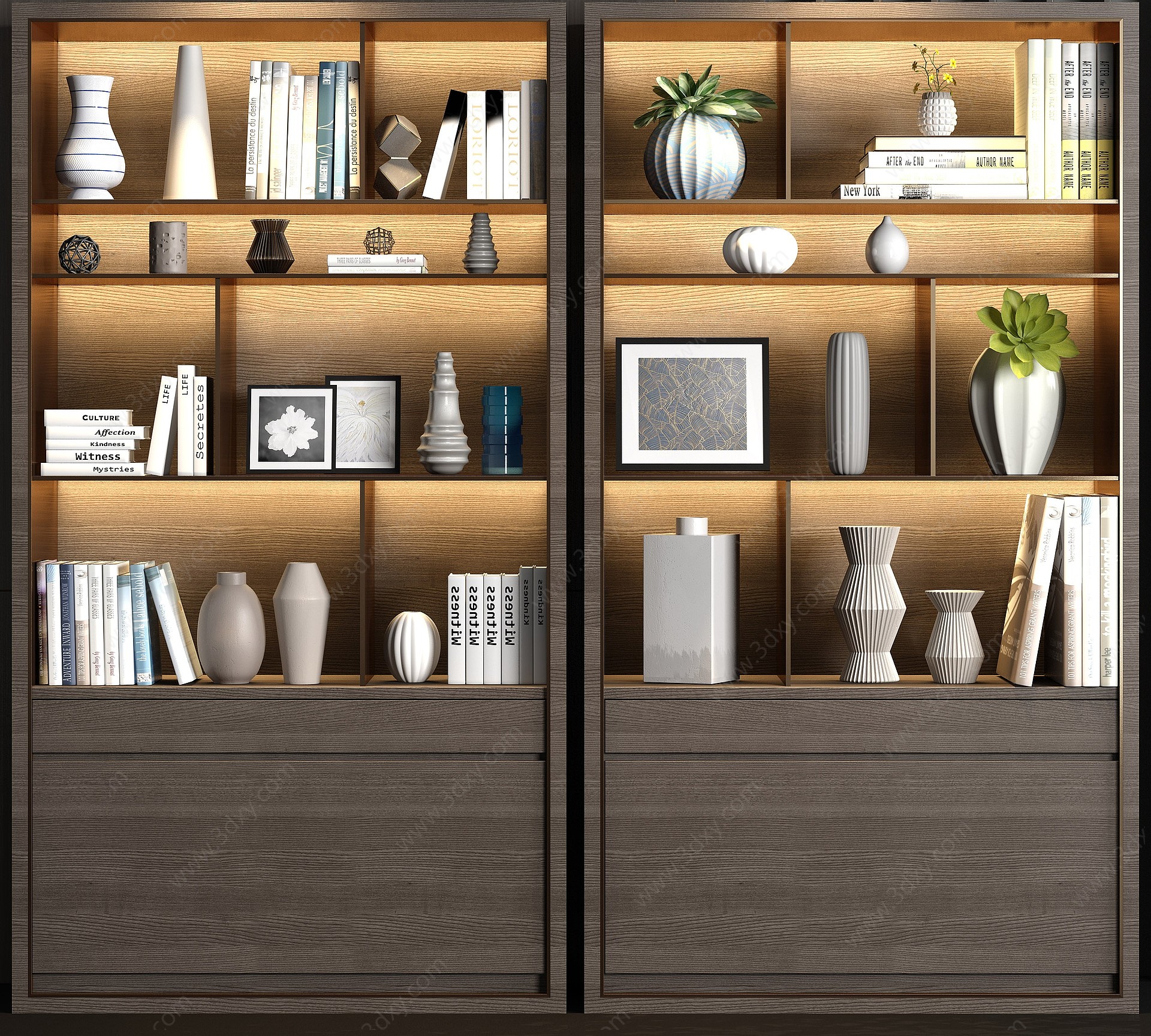 现代实木书柜书籍饰品组合3D模型