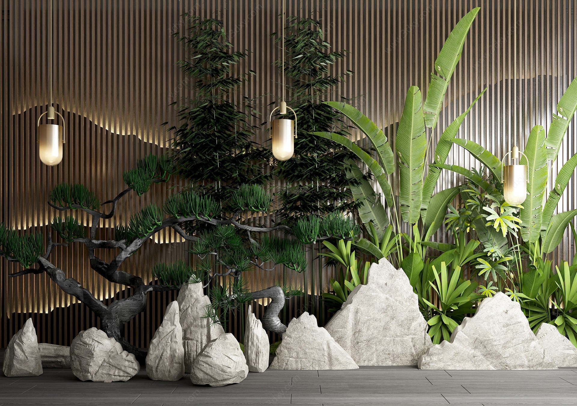 新中式假山背景墙石头绿植3D模型