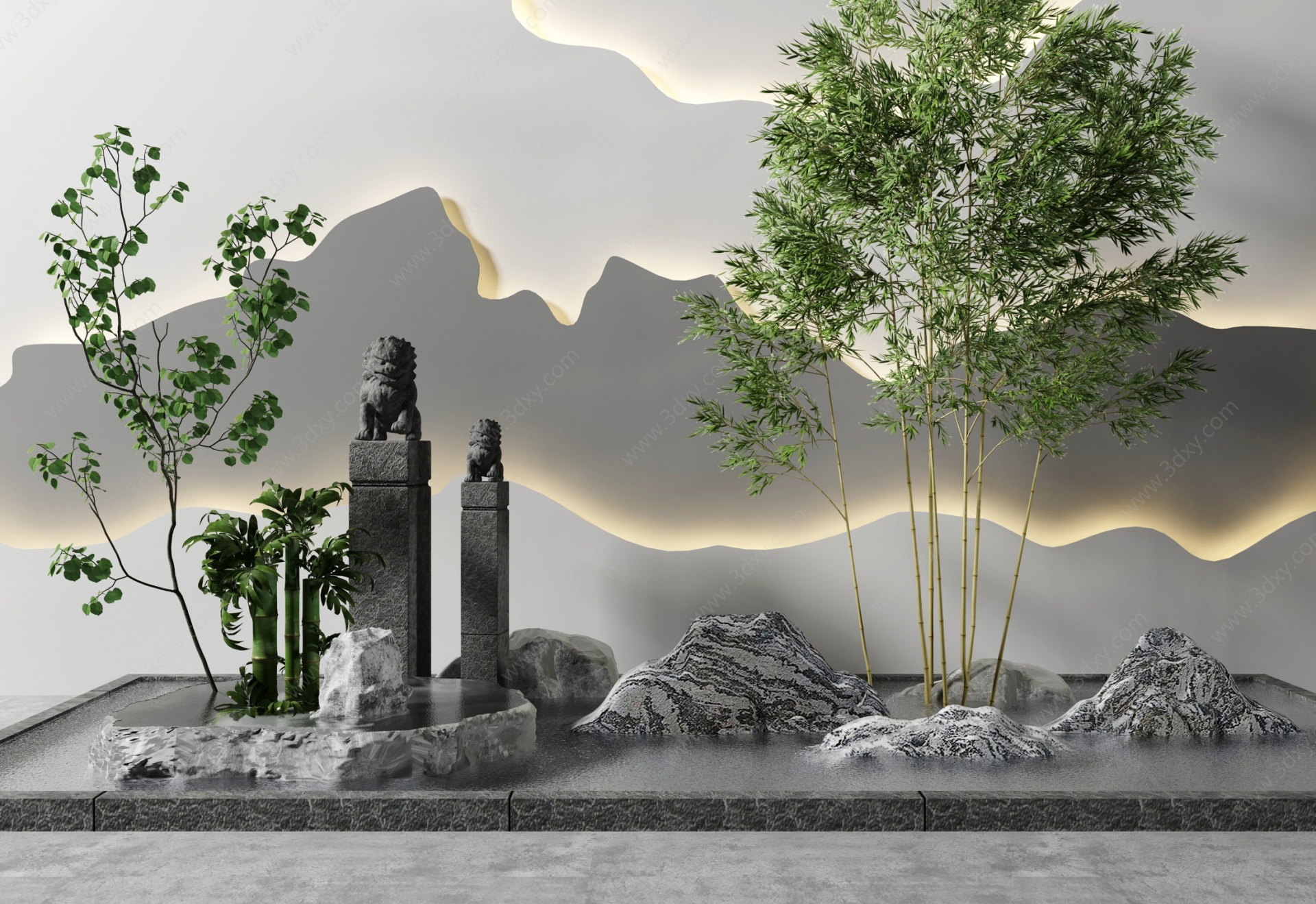 新中式山水景观园艺小品3D模型