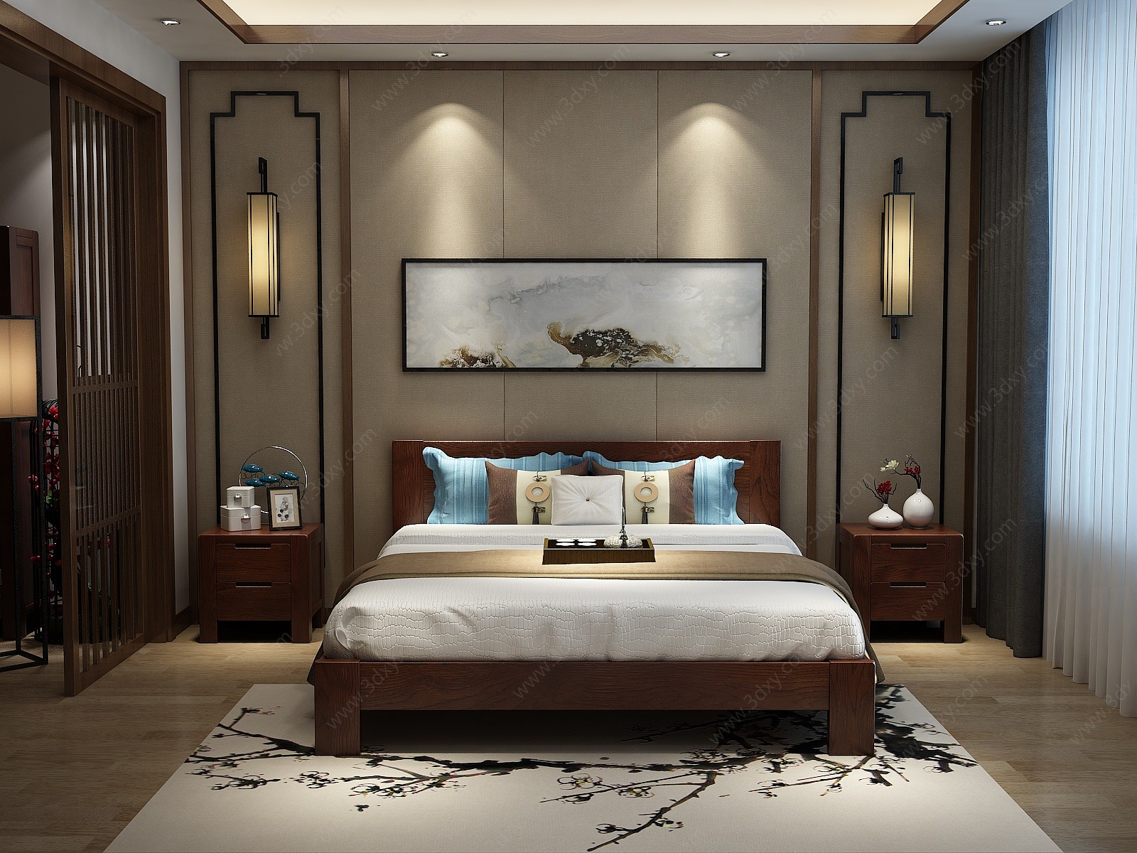 中式卧室胡桃色家具3D模型