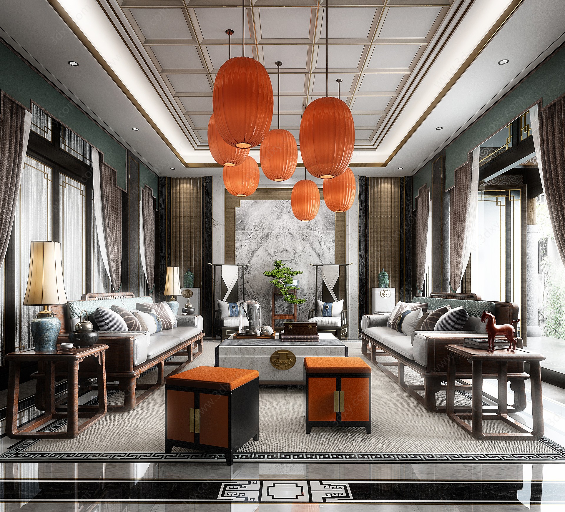 中式豪华别墅客厅3D模型