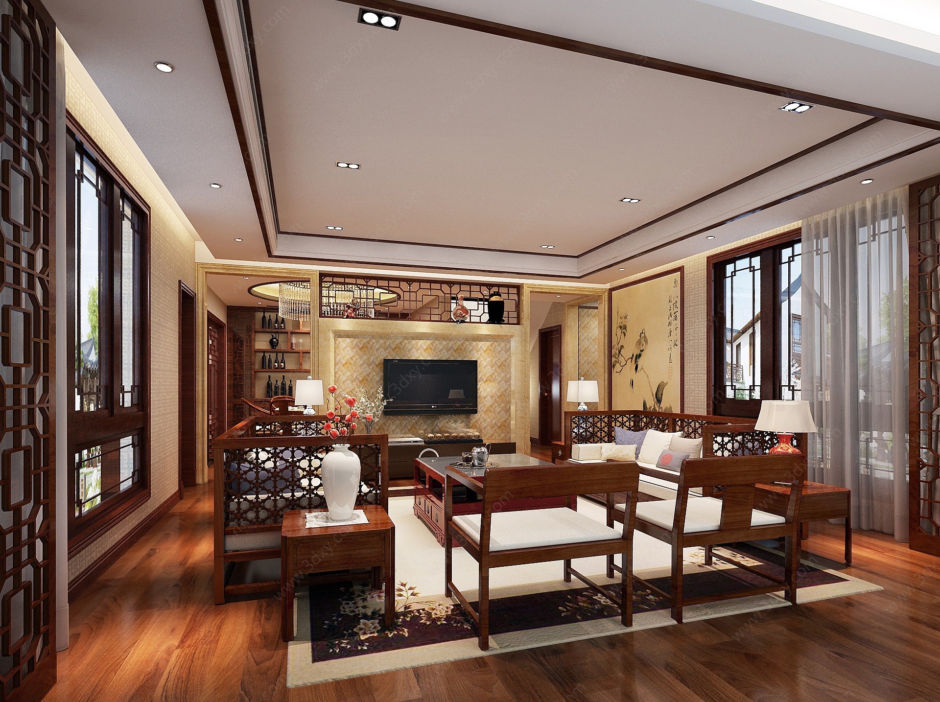 中式客厅沙发壁画花格3D模型