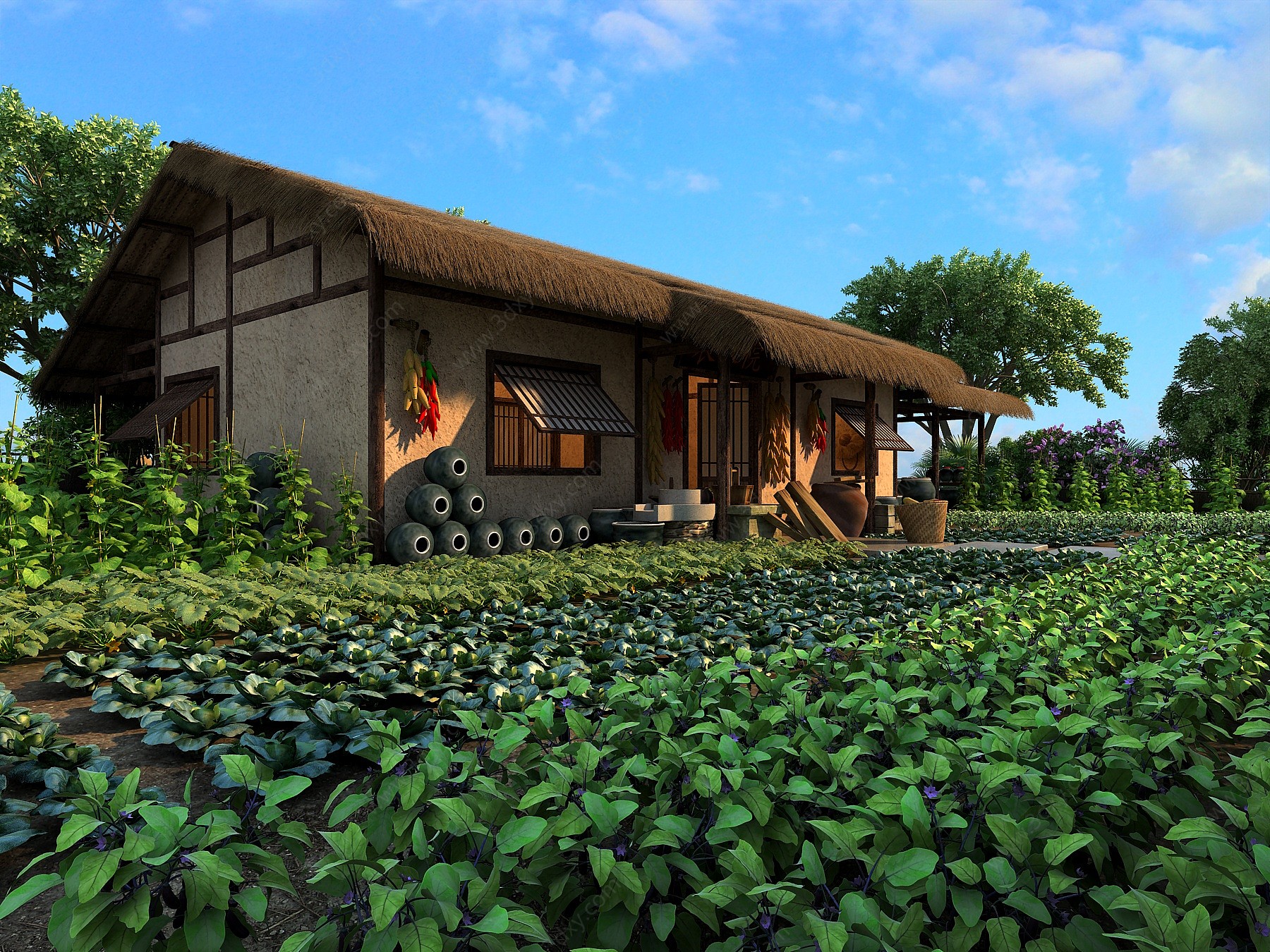 中式农家院茅草屋蔬菜园3D模型