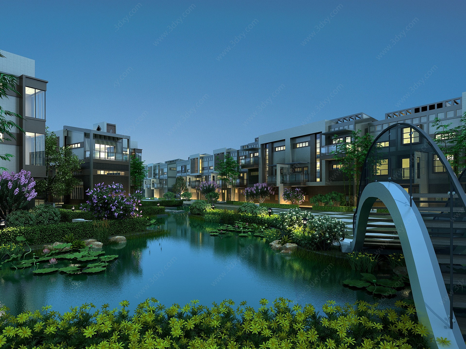 现代住宅景观园林水景夜景3D模型