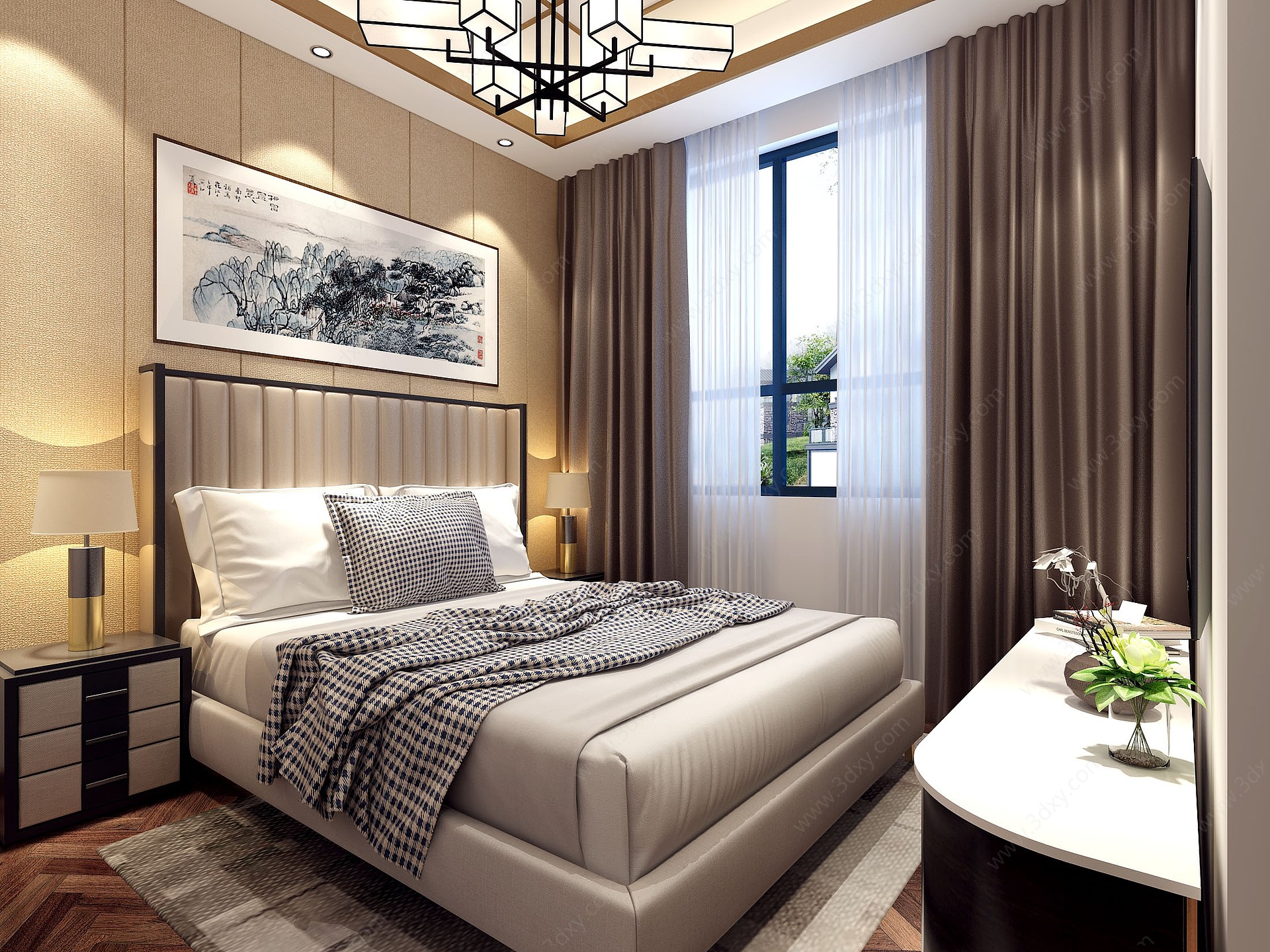 新中式卧室床吊灯电视柜3D模型