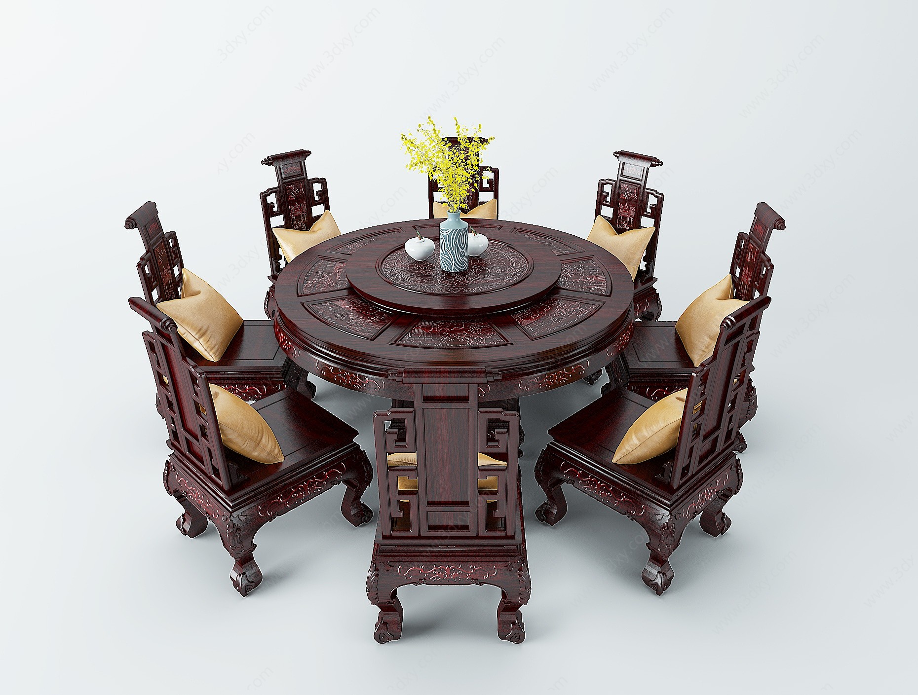 中式眀式餐桌椅组合3D模型