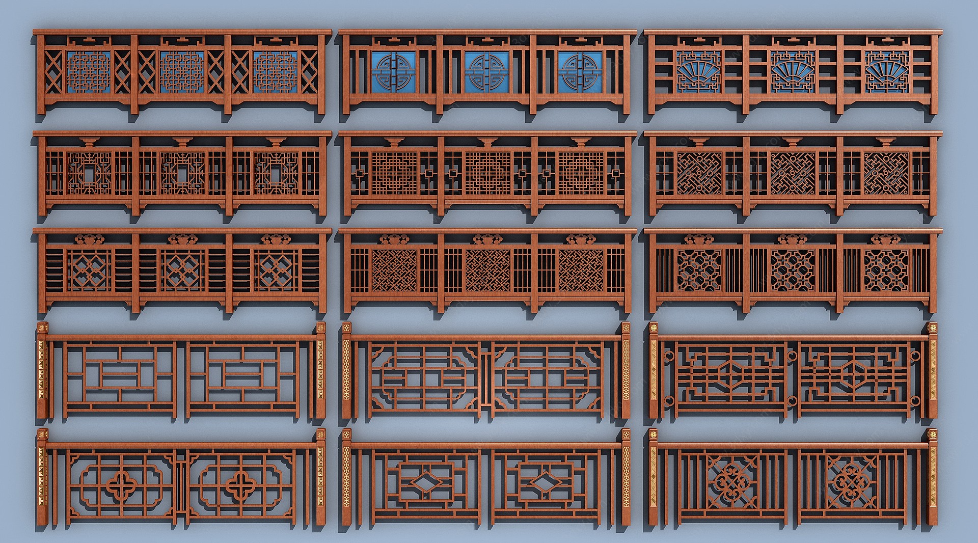 中式护栏扶手实木栏杆组合3D模型