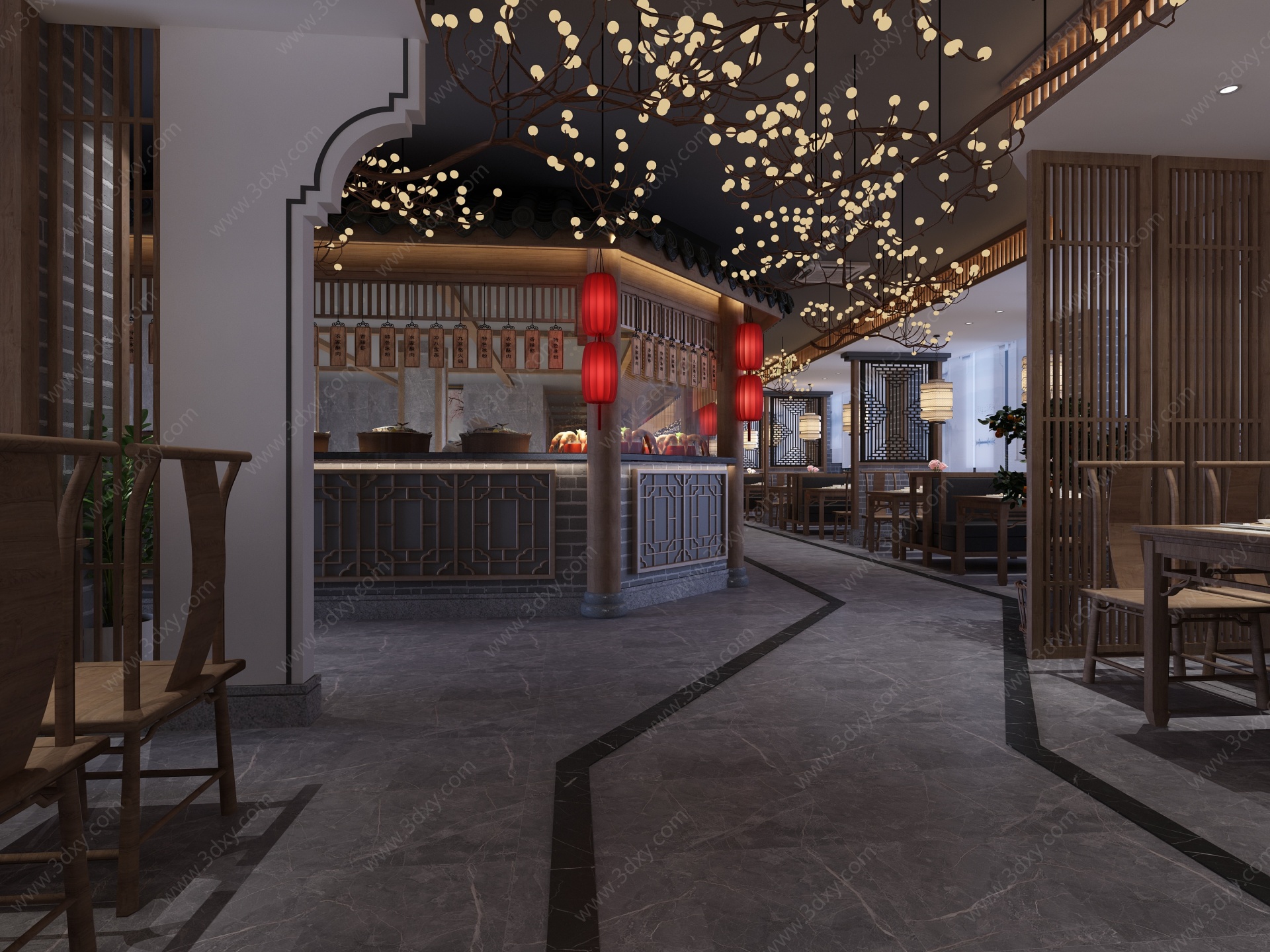 明档新中式餐厅半透明纱帘3D模型