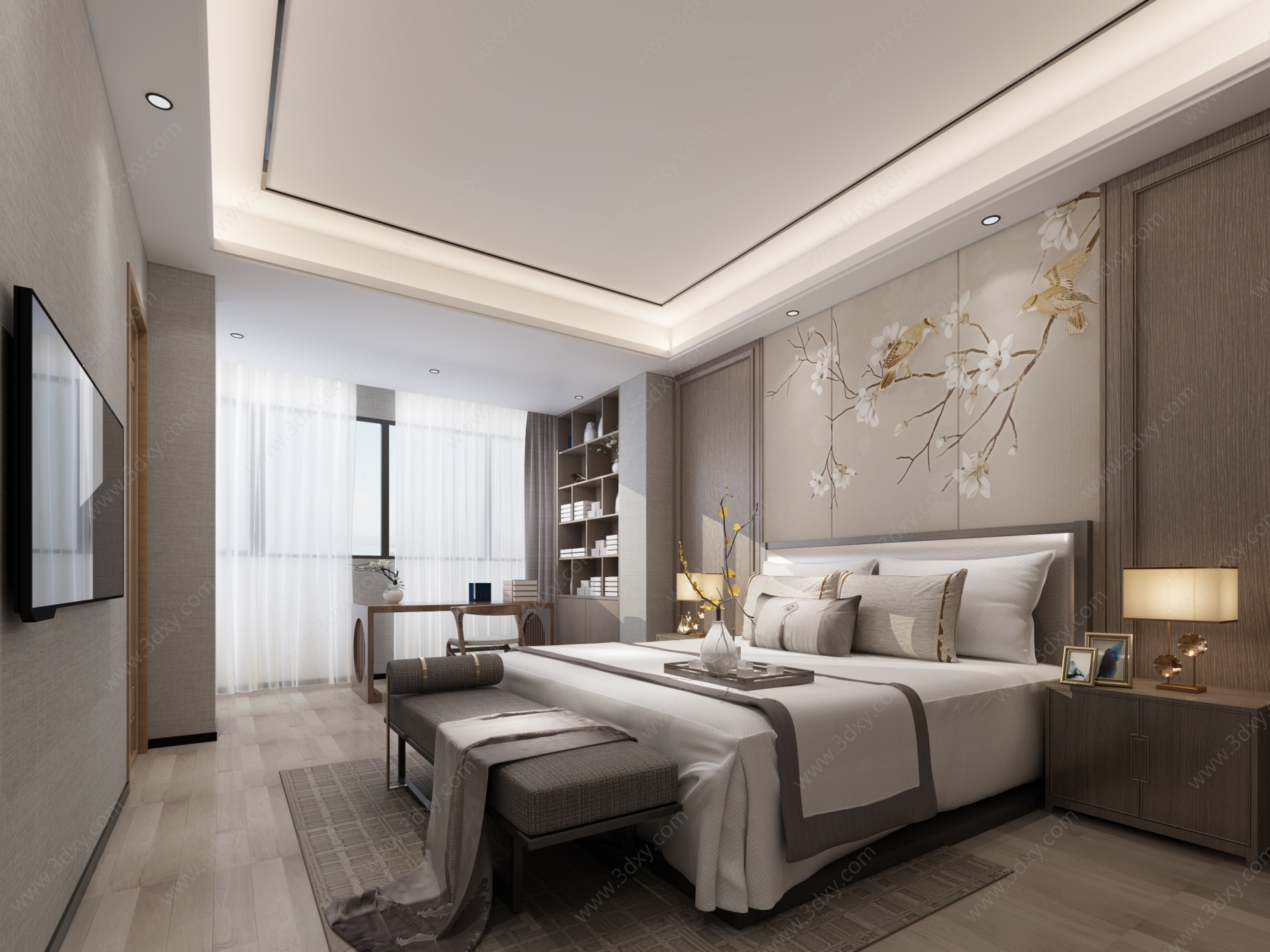新中式卧室书桌酒店大床房3D模型