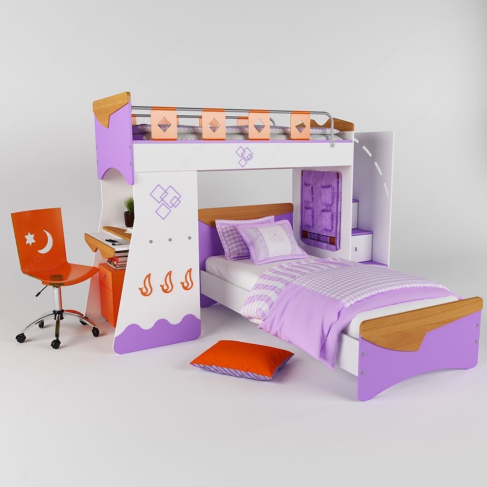 现代双层儿童床书桌组合3D模型