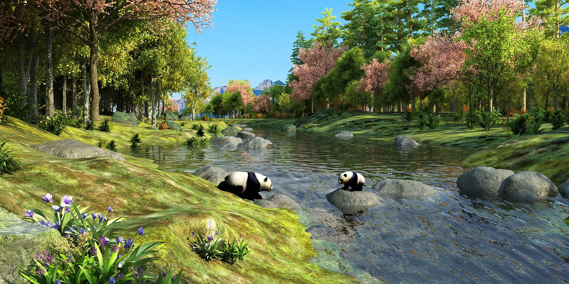 溪边树林大熊猫小河森林3D模型