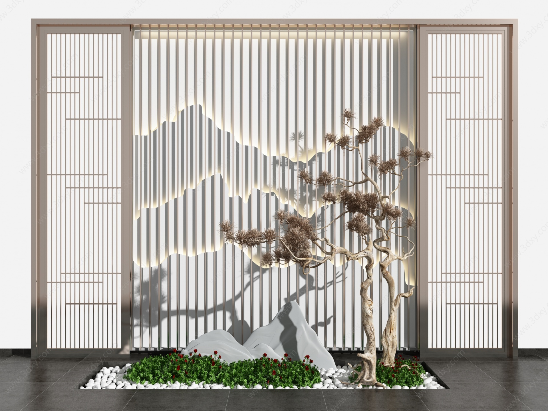 新中式假山松树背景墙3D模型