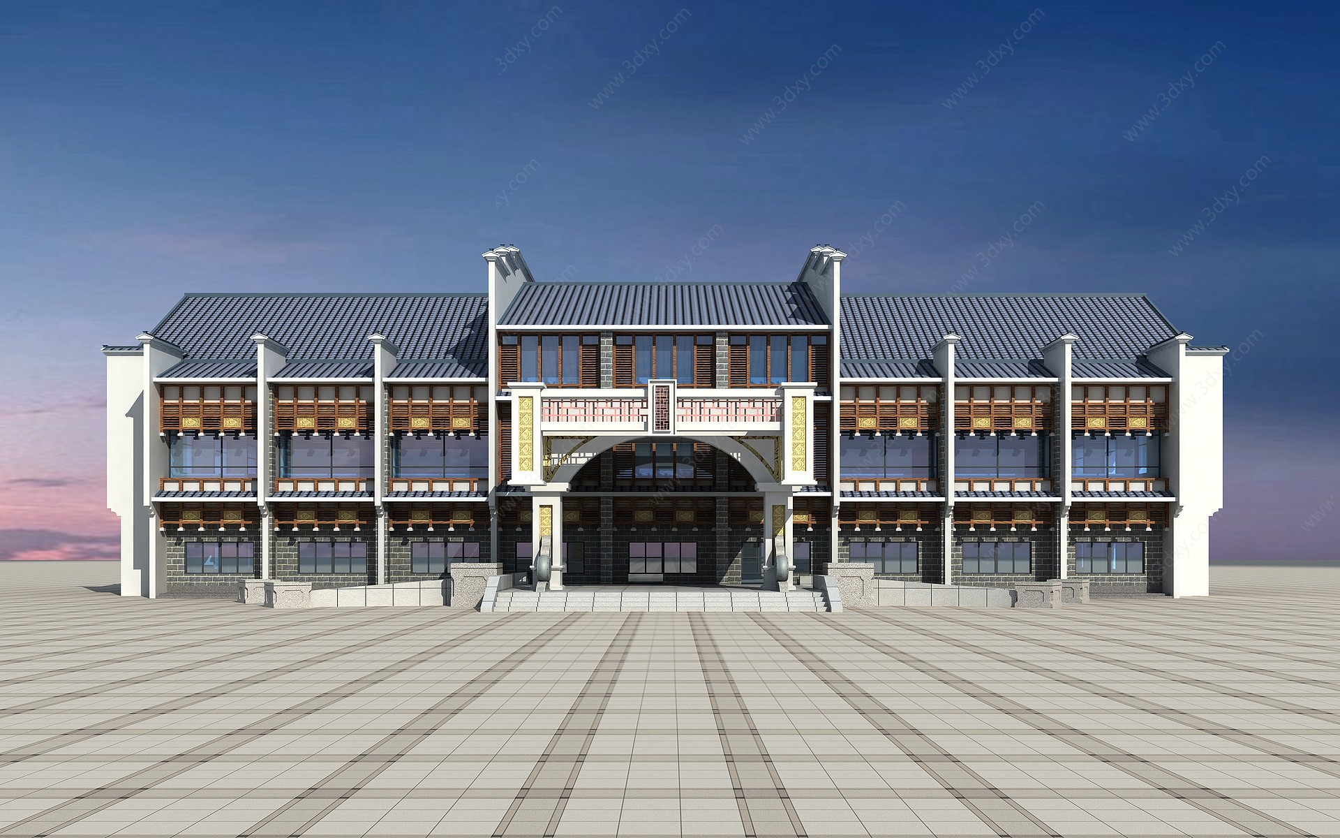 新中式酒店建筑徽派办公楼3D模型