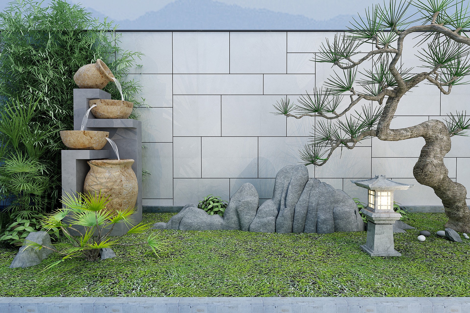 新中式假山竹子组合3D模型