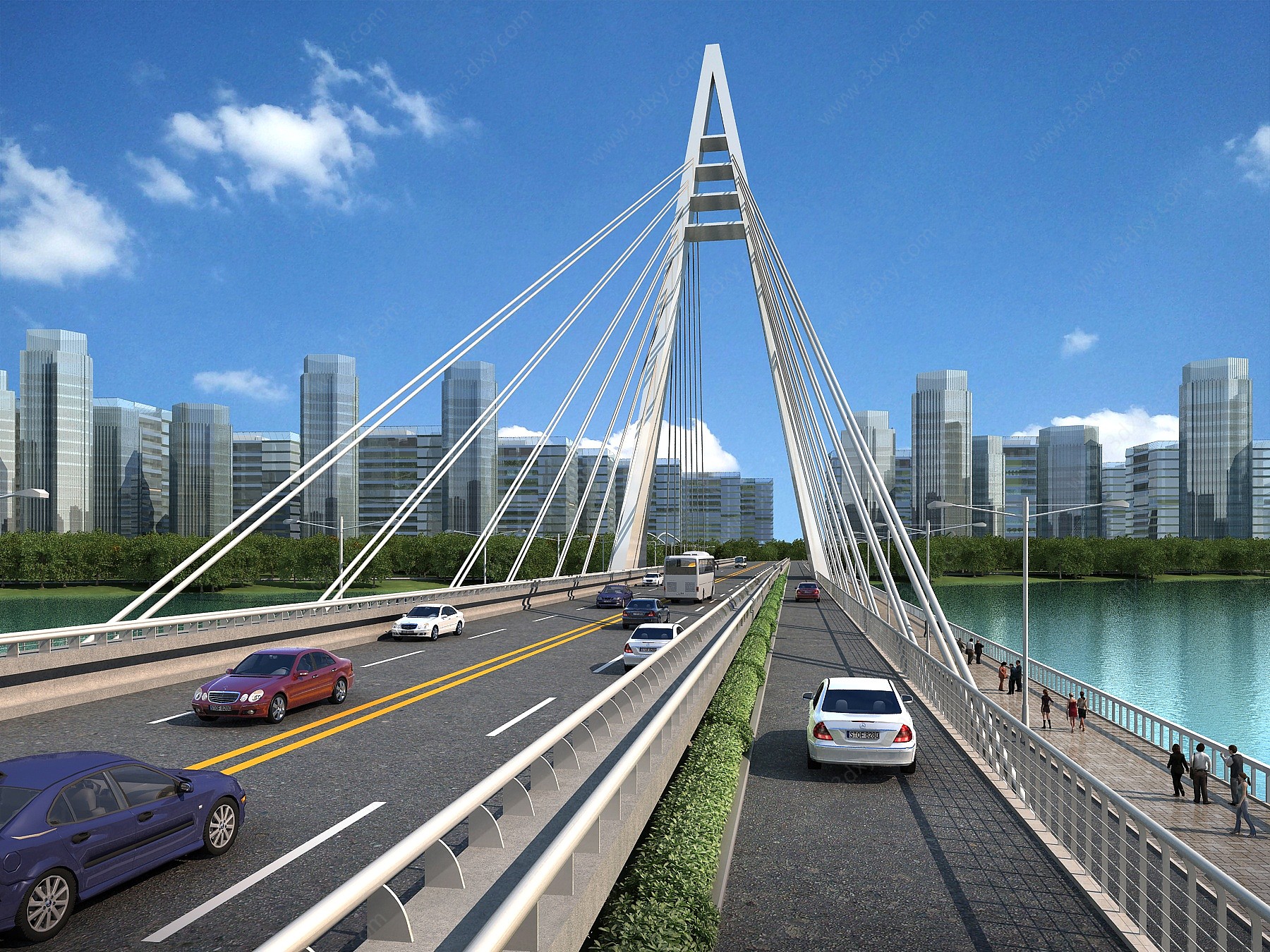 现代桥梁斜拉桥钢索桥3D模型