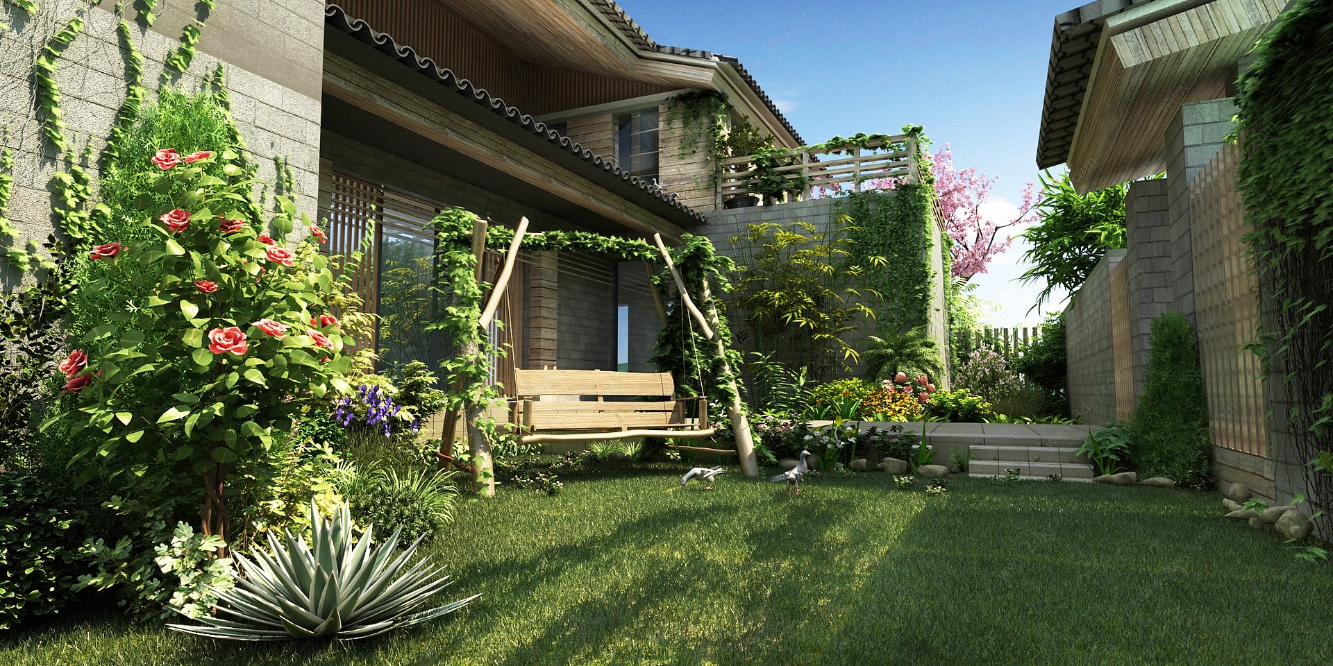 现代别墅庭院园林景观3D模型