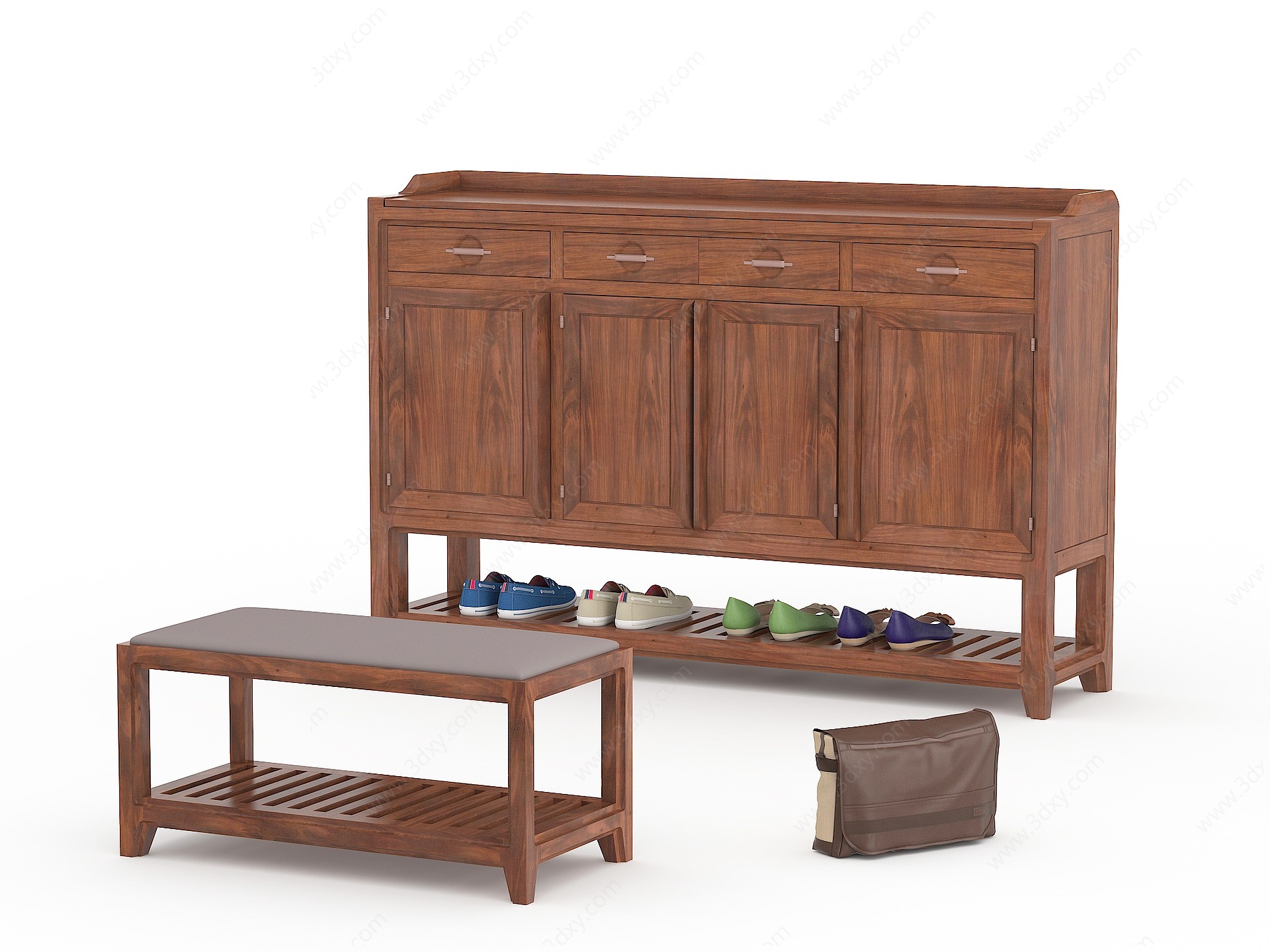 中式鞋柜鞋凳组合3D模型