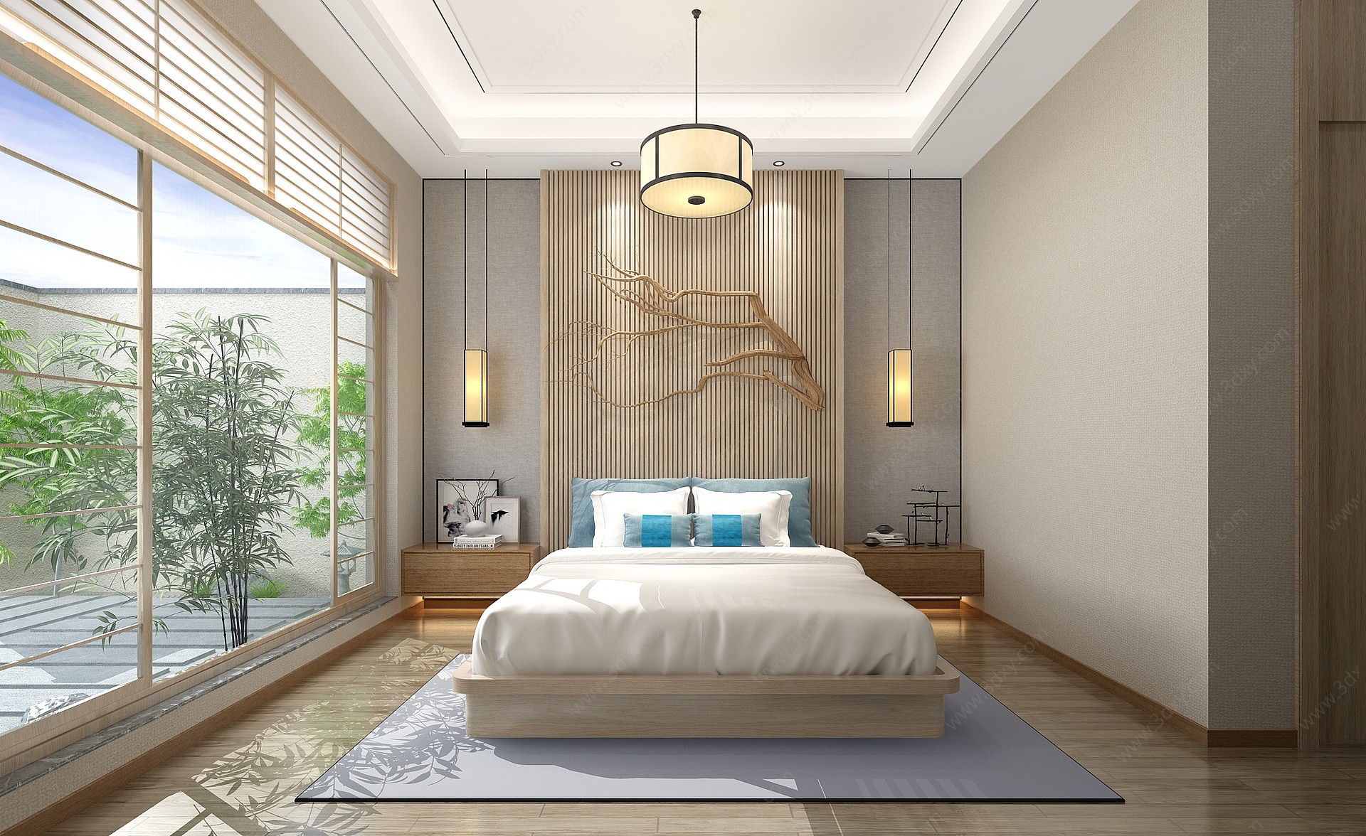新中式卧室客房双人床3D模型