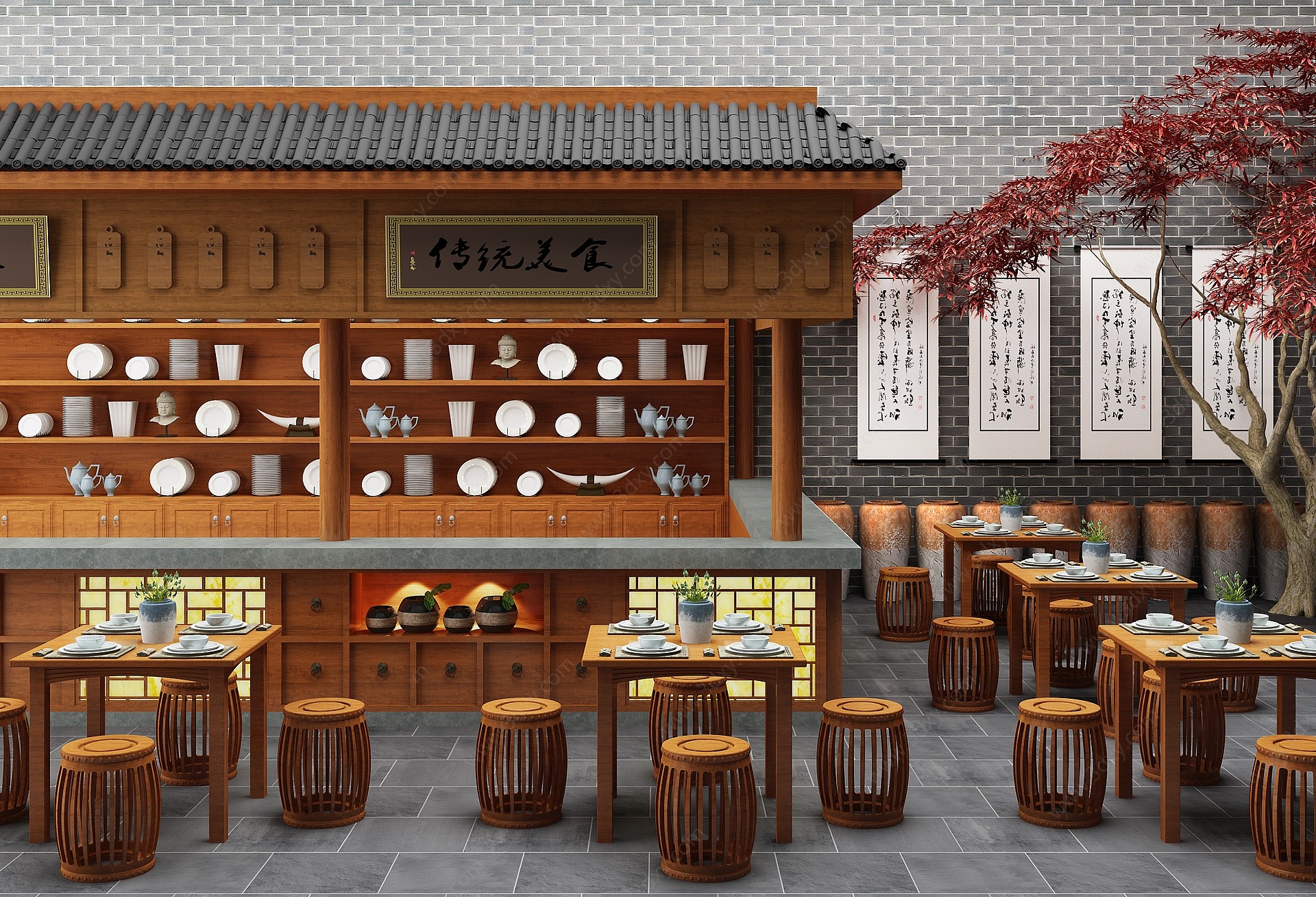 中式古典餐厅美食城3D模型