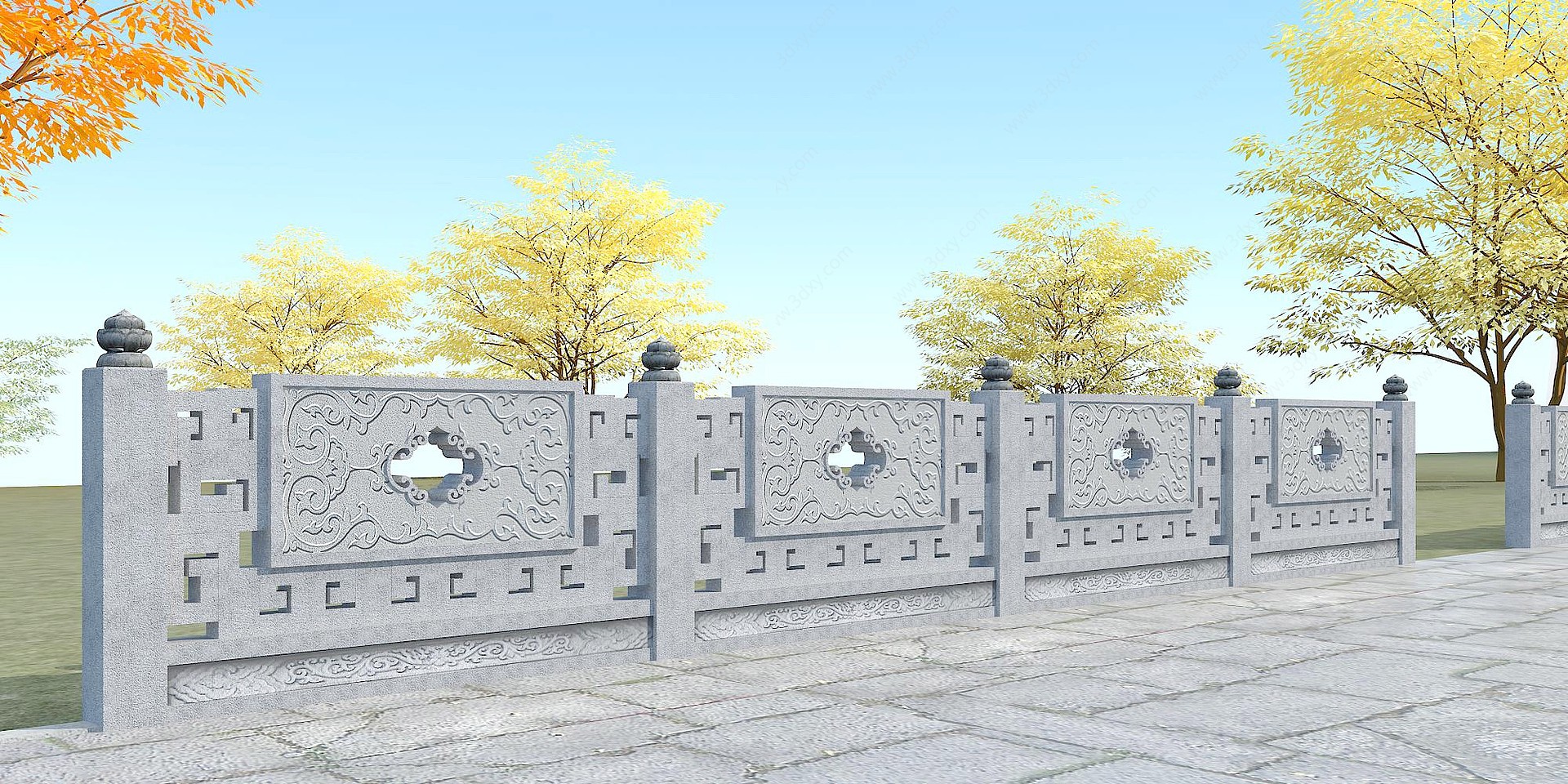 中式石材玉石栏杆扶手3D模型