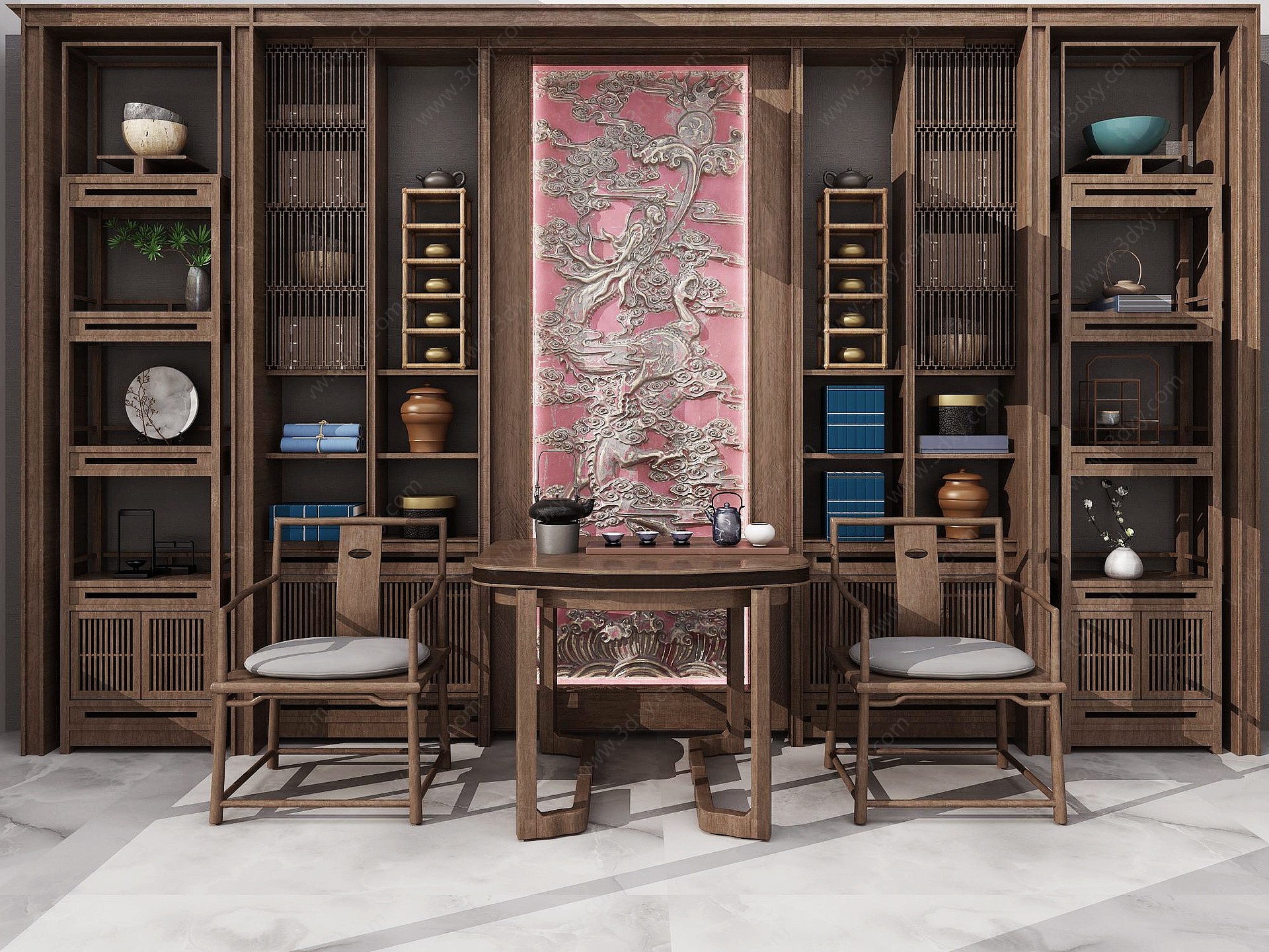 中式古典书房书柜茶室3D模型