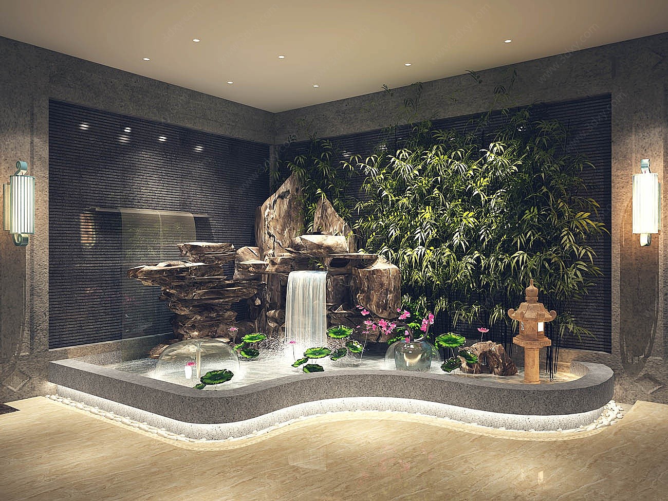 新中式假山水景喷泉瀑布3D模型