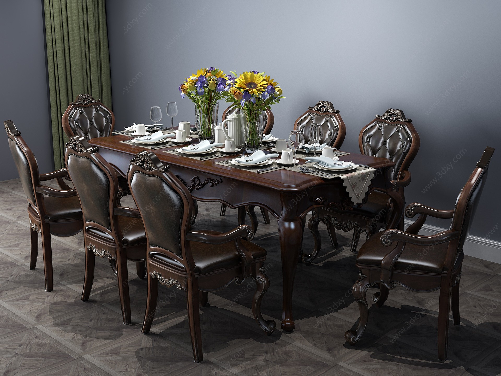 欧式古典餐桌餐桌椅六人桌3D模型