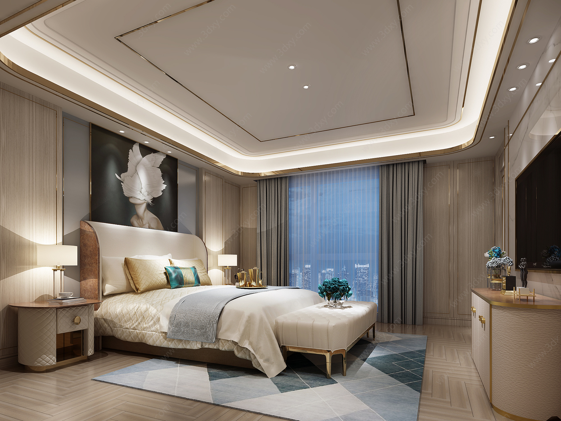 现代轻奢主卧室双人床3D模型