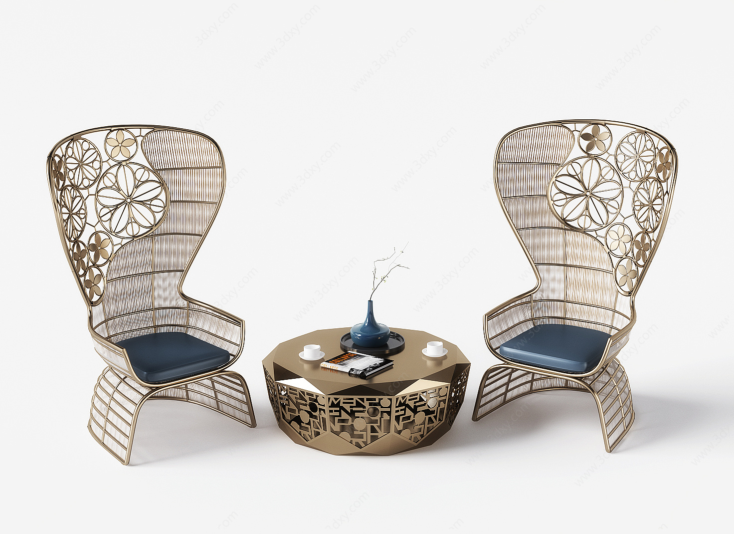 新中式金属镂空休闲椅茶几3D模型