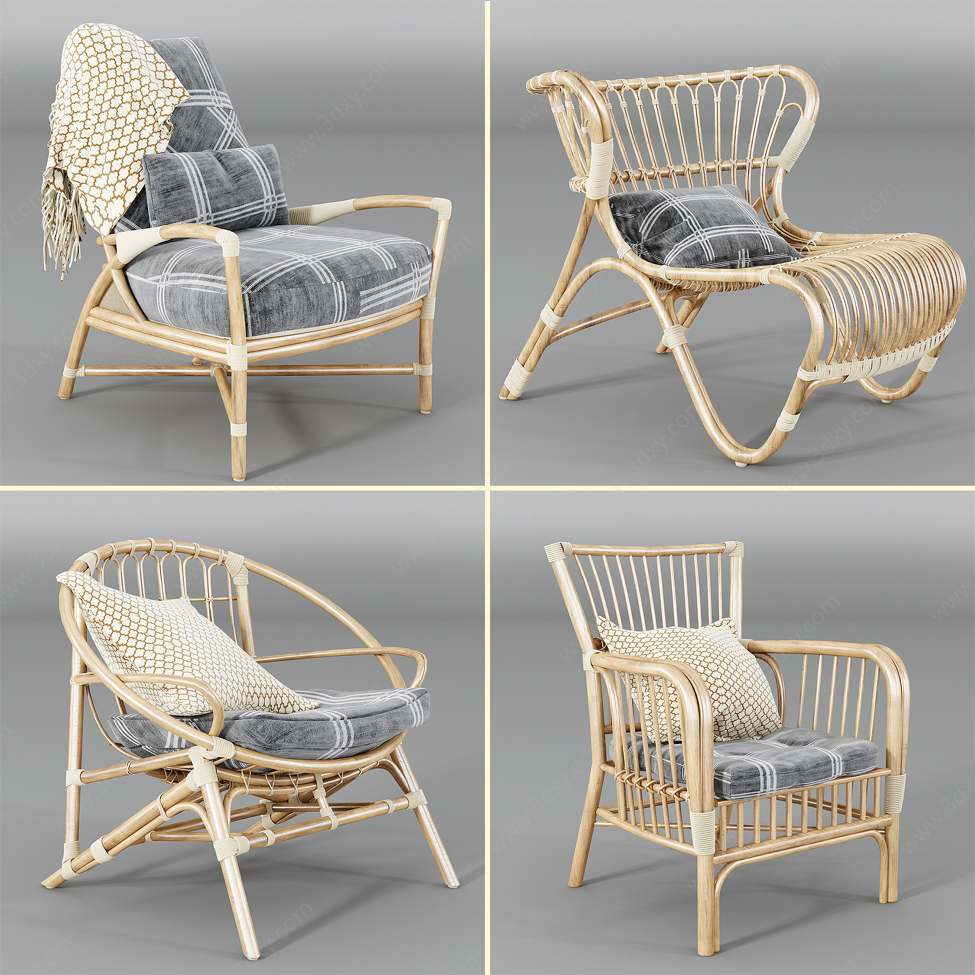 现代休闲编织藤椅组合3D模型