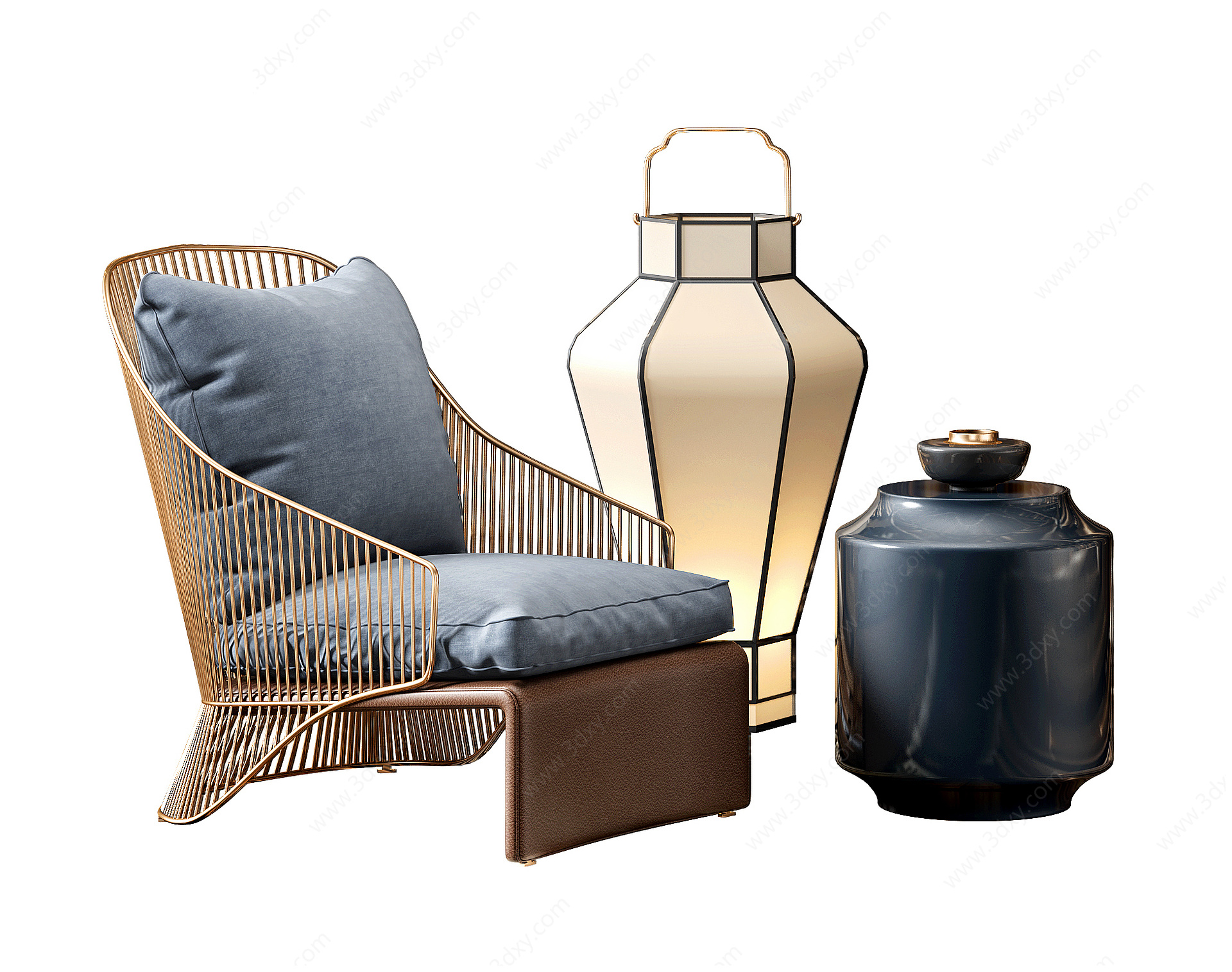 新中式单人沙发茶几落地灯3D模型