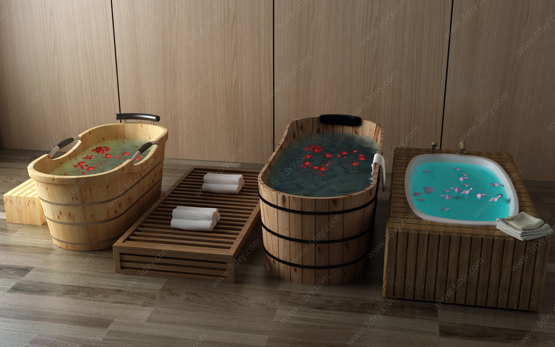 中式浴缸淋浴木桶3D模型