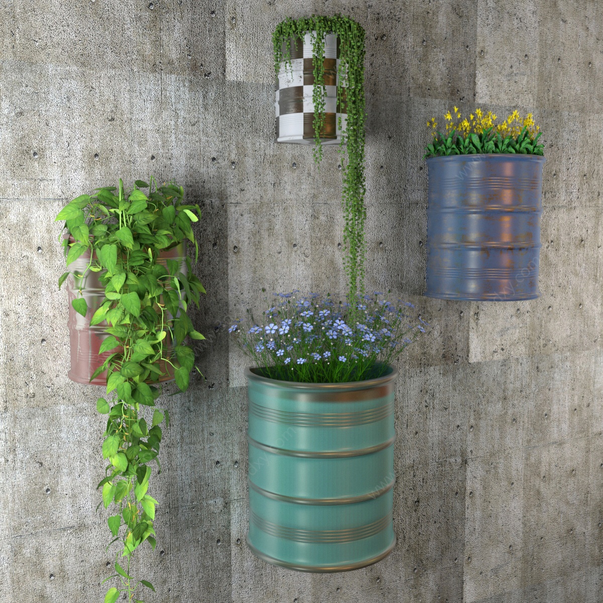 工业风油漆桶植物装饰墙饰3D模型