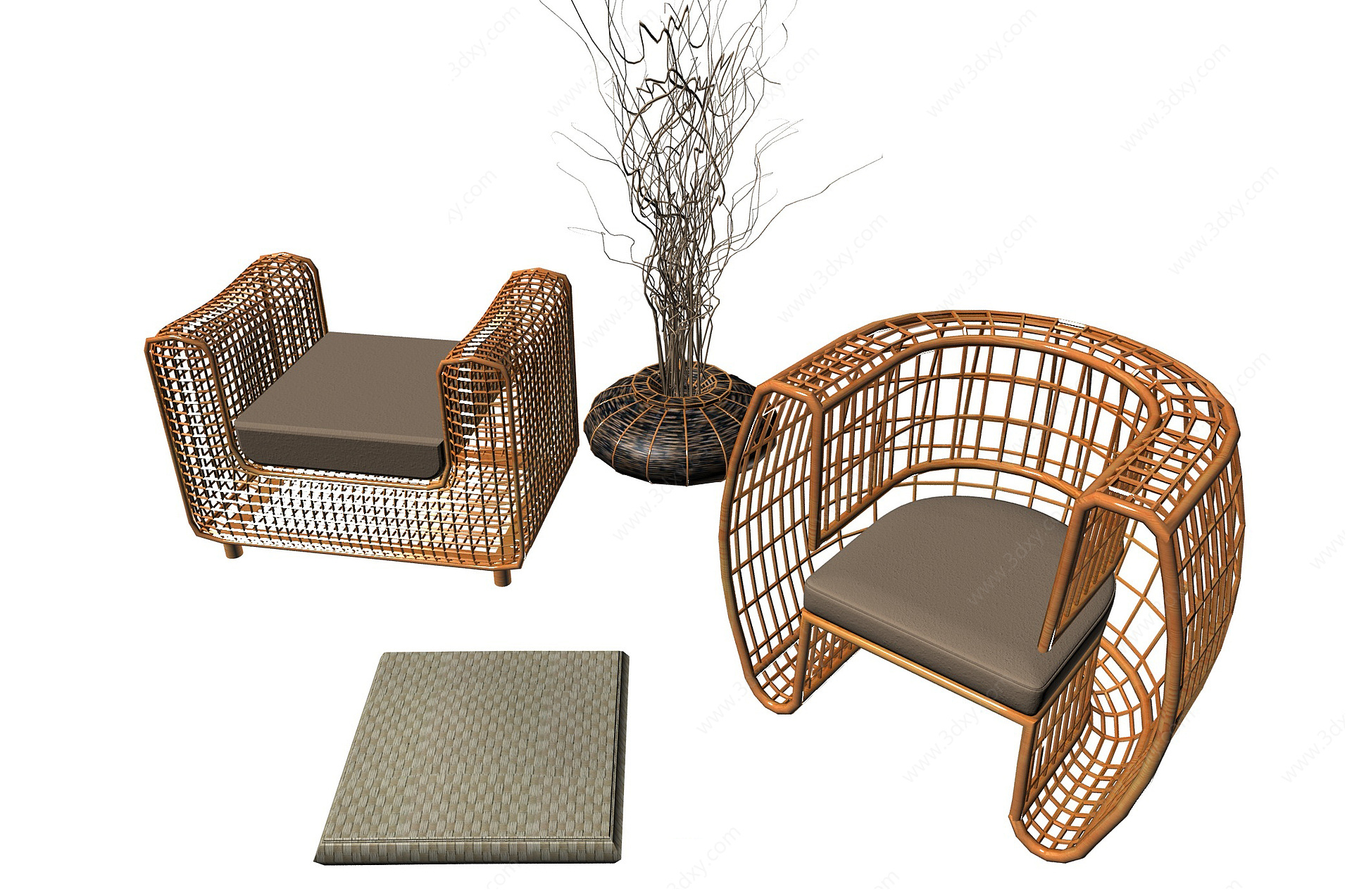 新中式休闲躺椅组藤椅3D模型