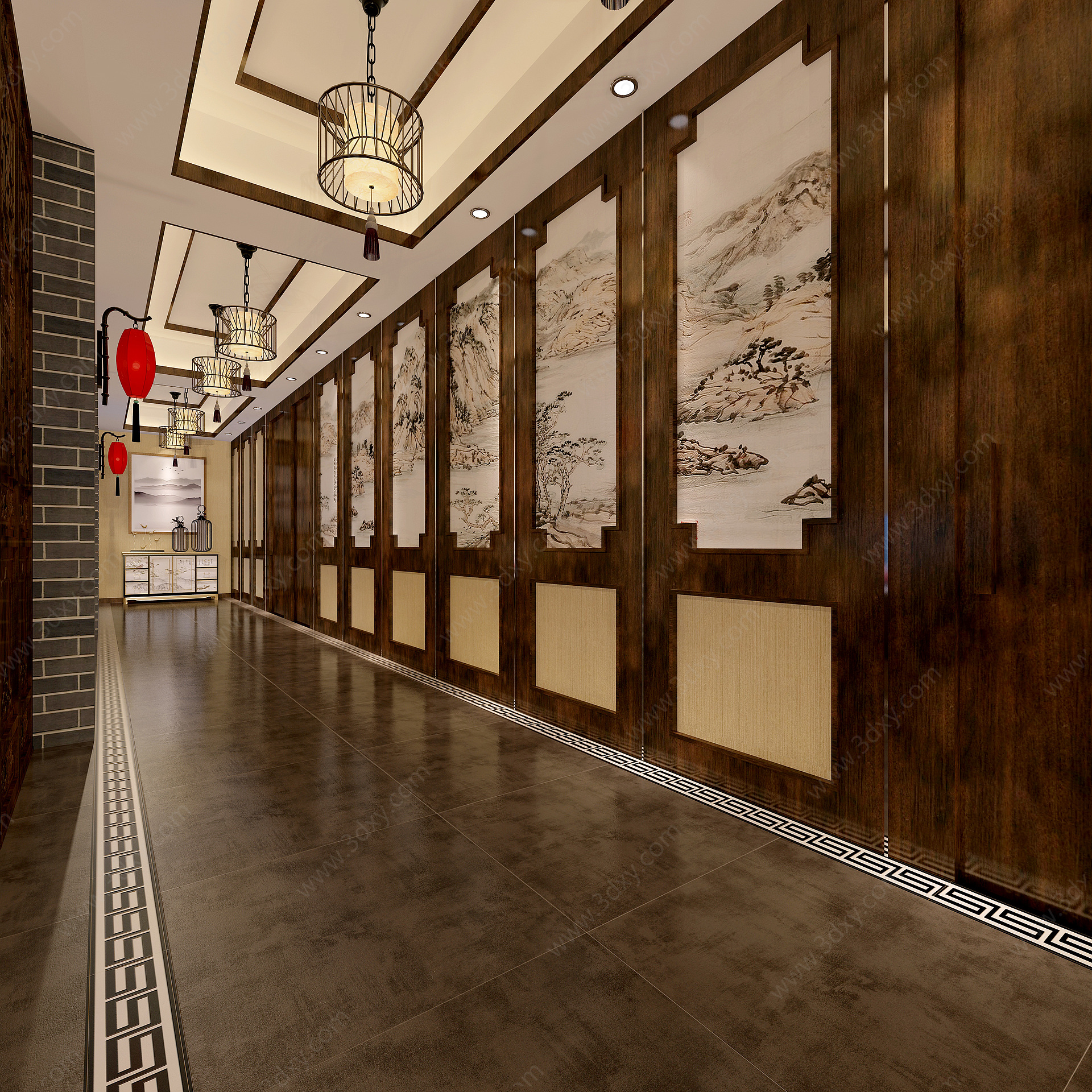 中式玄关中式大厅卡座3D模型