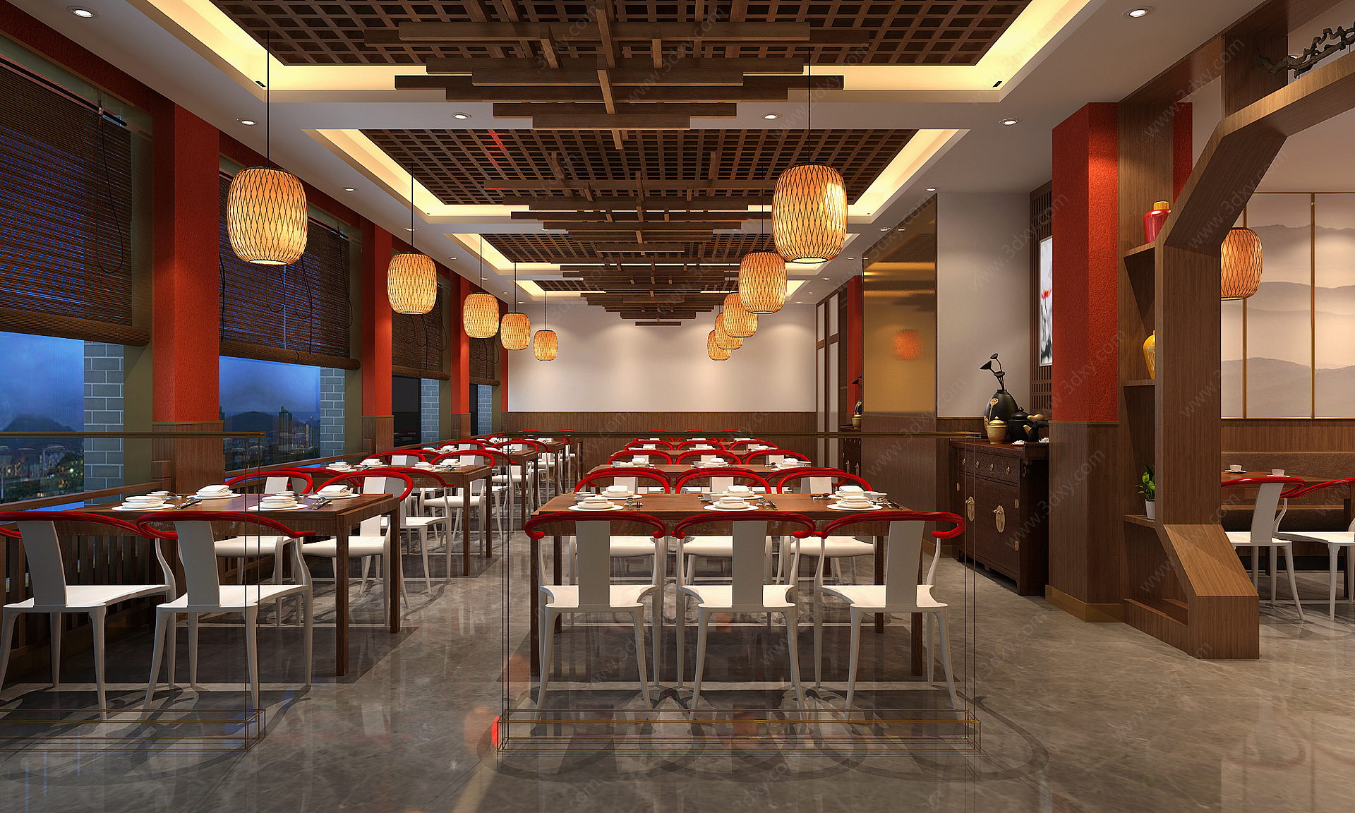 中式餐厅室内室外3D模型