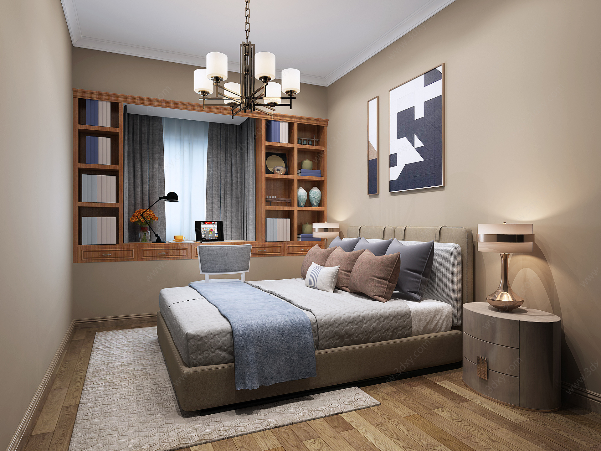 现代新中式卧室床电视柜3D模型