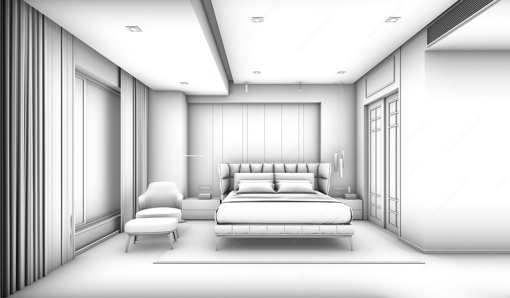 卧室双人床床头柜凳子衣柜3D模型