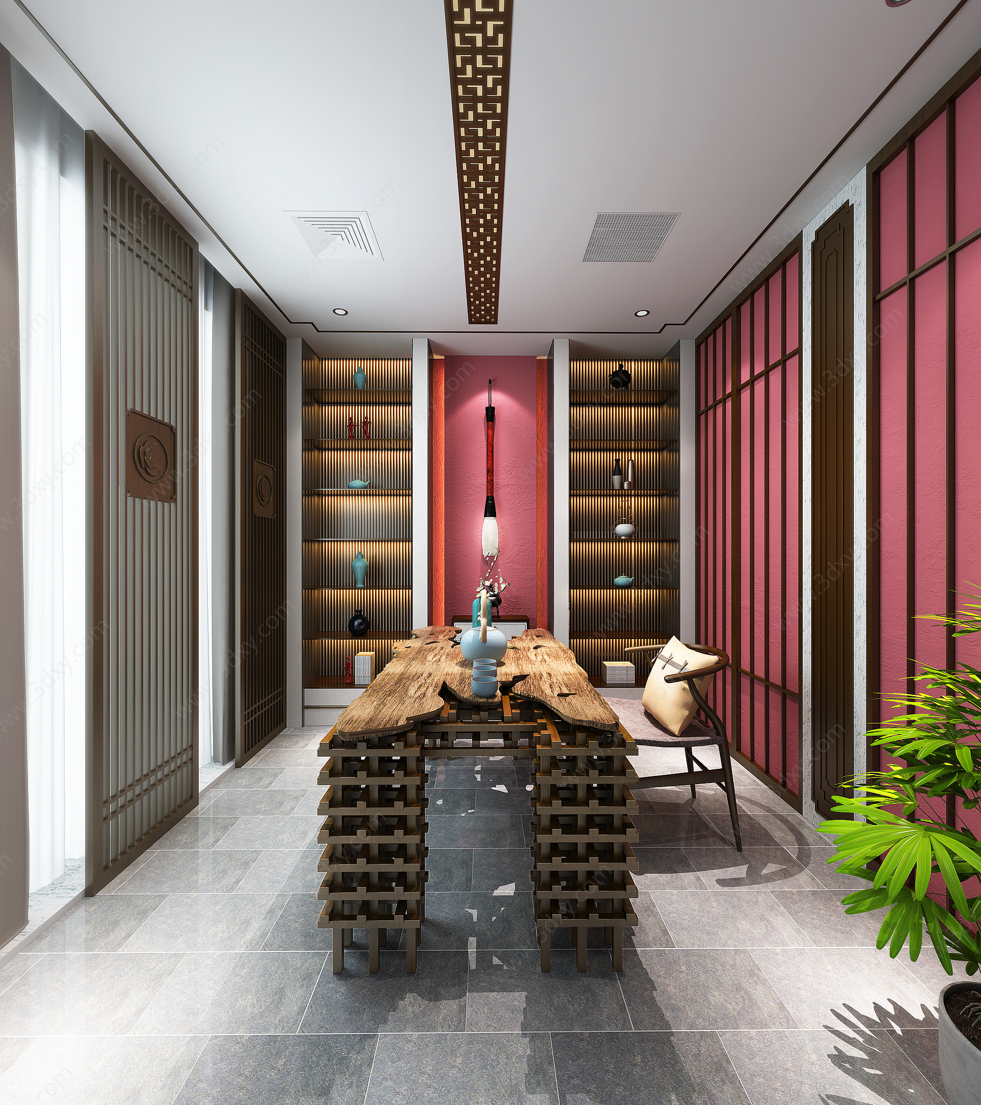 新中式茶室书房空间3D模型