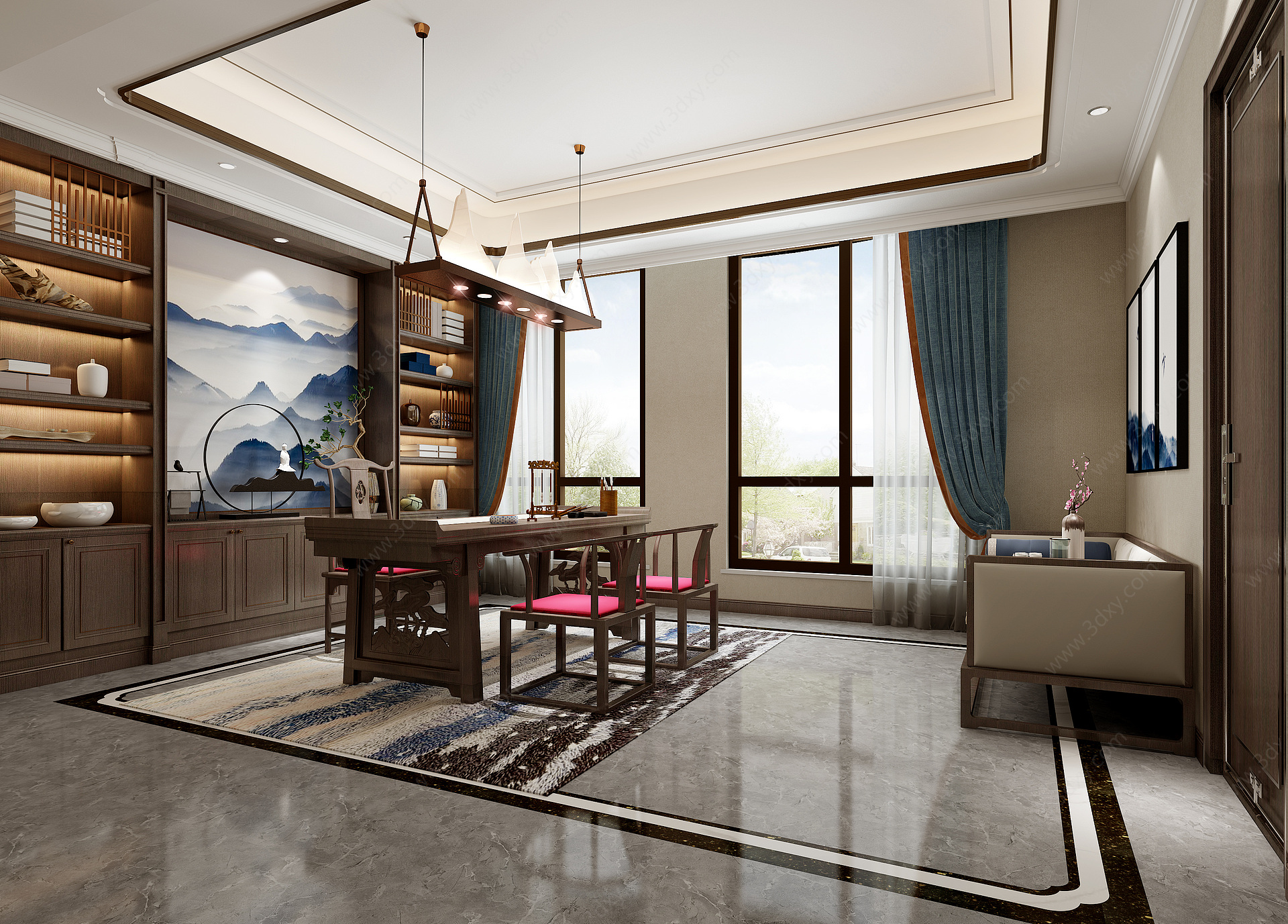 新中式书房书桌茶室罗汉床3D模型